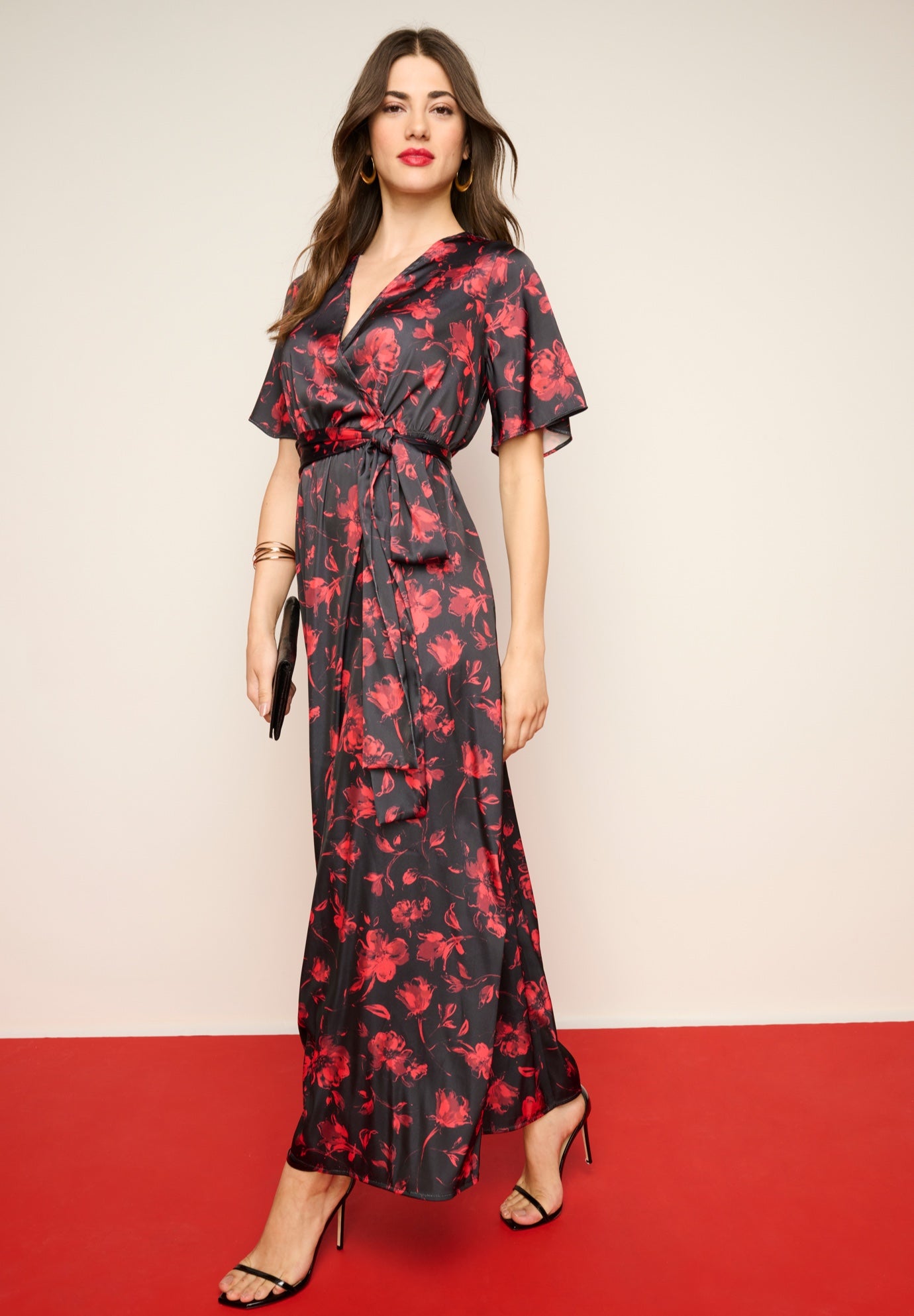 Stretch Satin Faux Wrap Dress image number 2