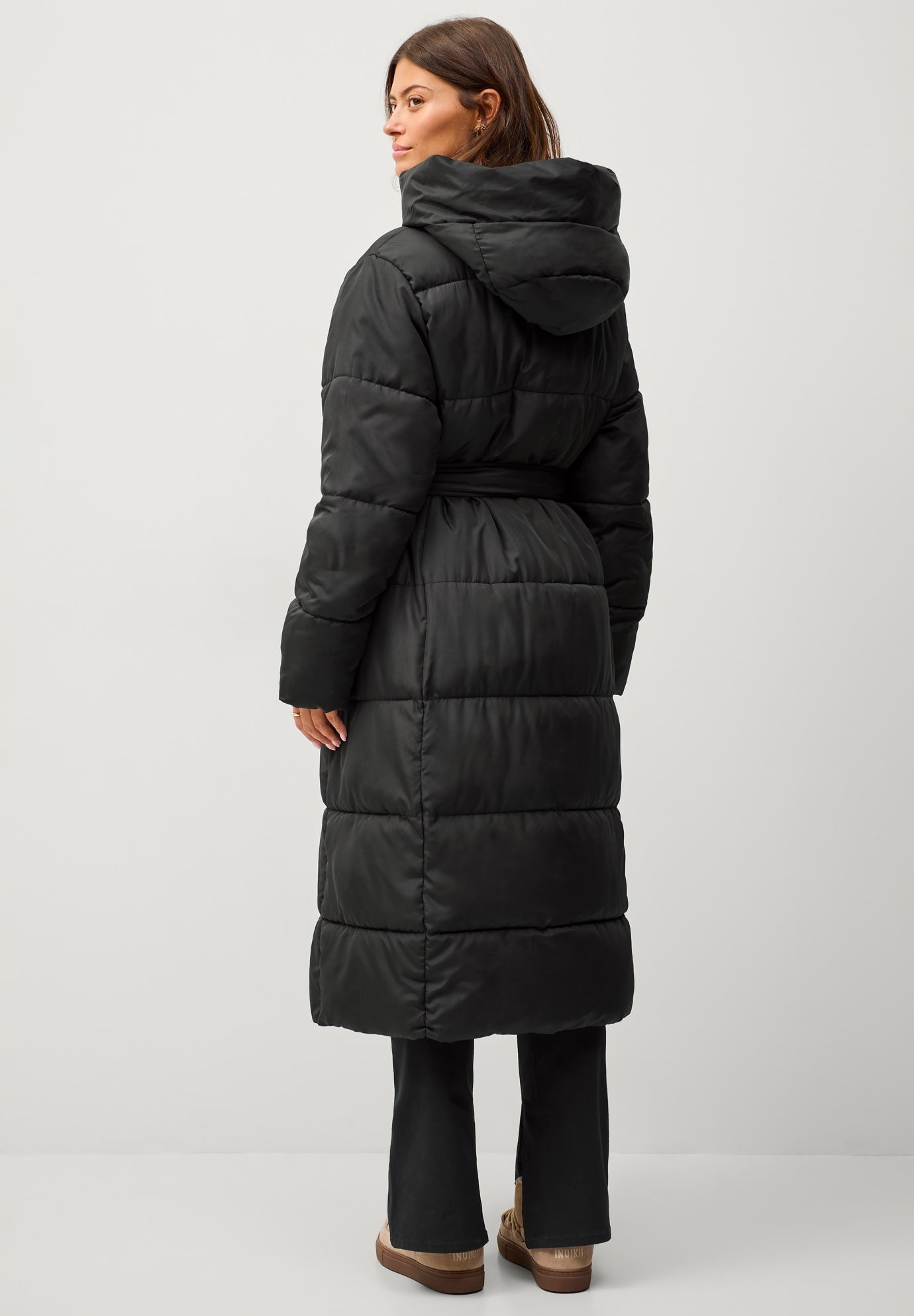 Long Belted Puffer with Hood image number 1