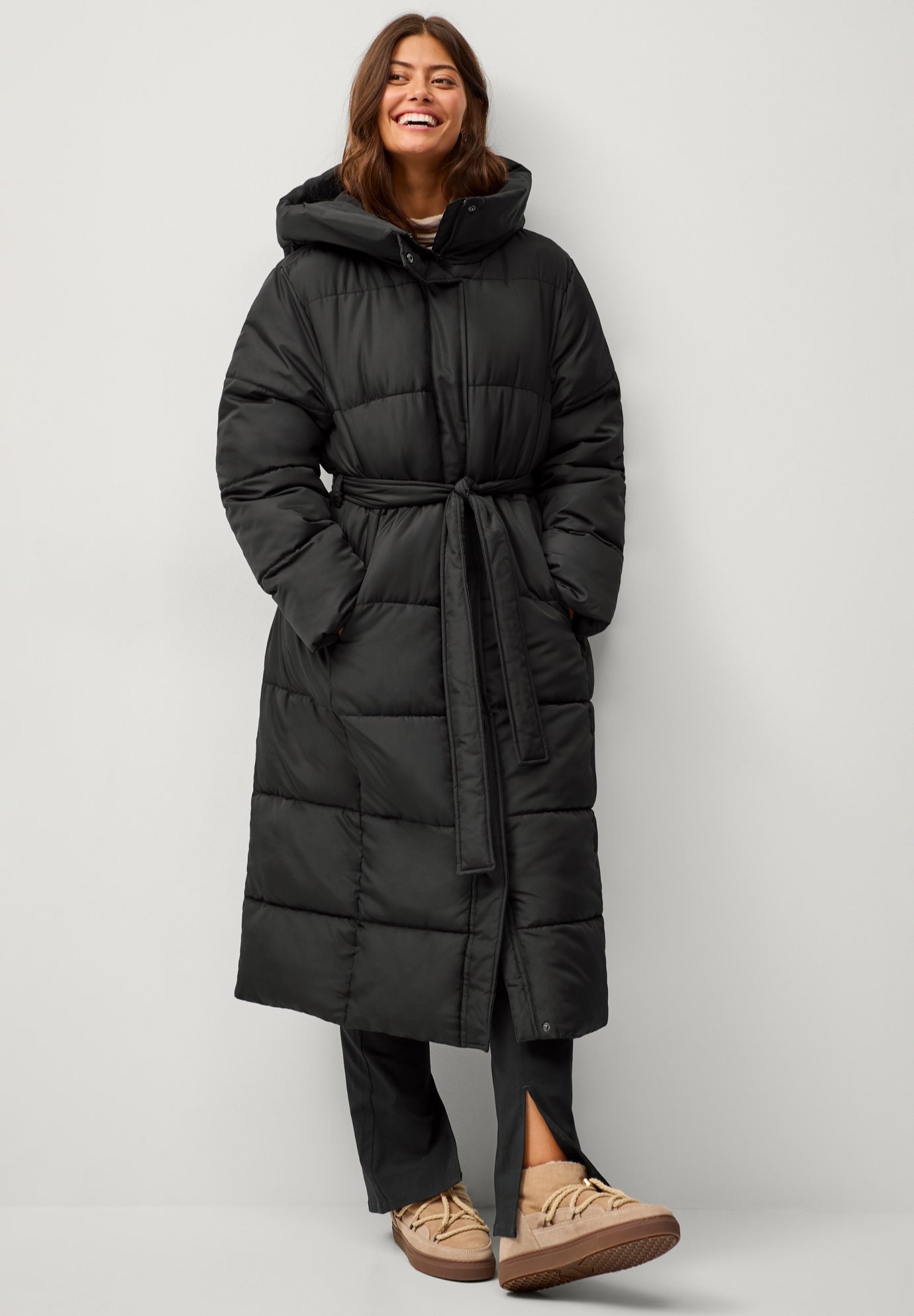 Long Belted Puffer with Hood image number 2