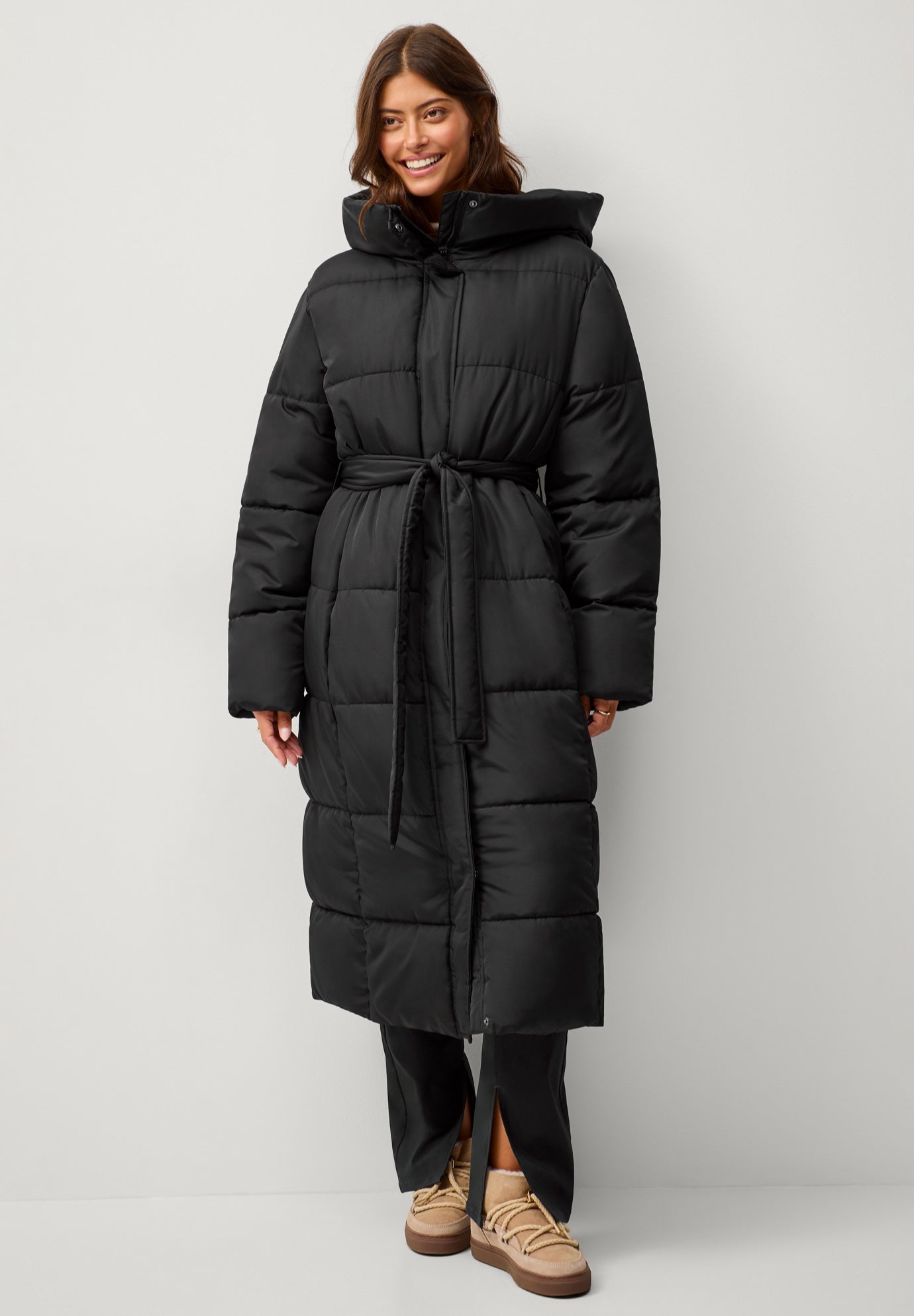 Long Belted Puffer with Hood image number 0