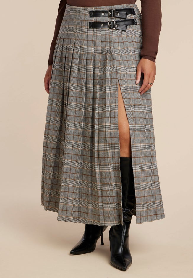 Maxi Pleated Skirt With Buckle Detail And Slit image number 1