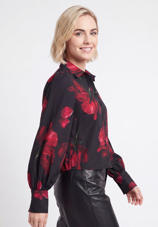 Cropped Oversized Blouson Sleeve Button Front Blouse image number 2