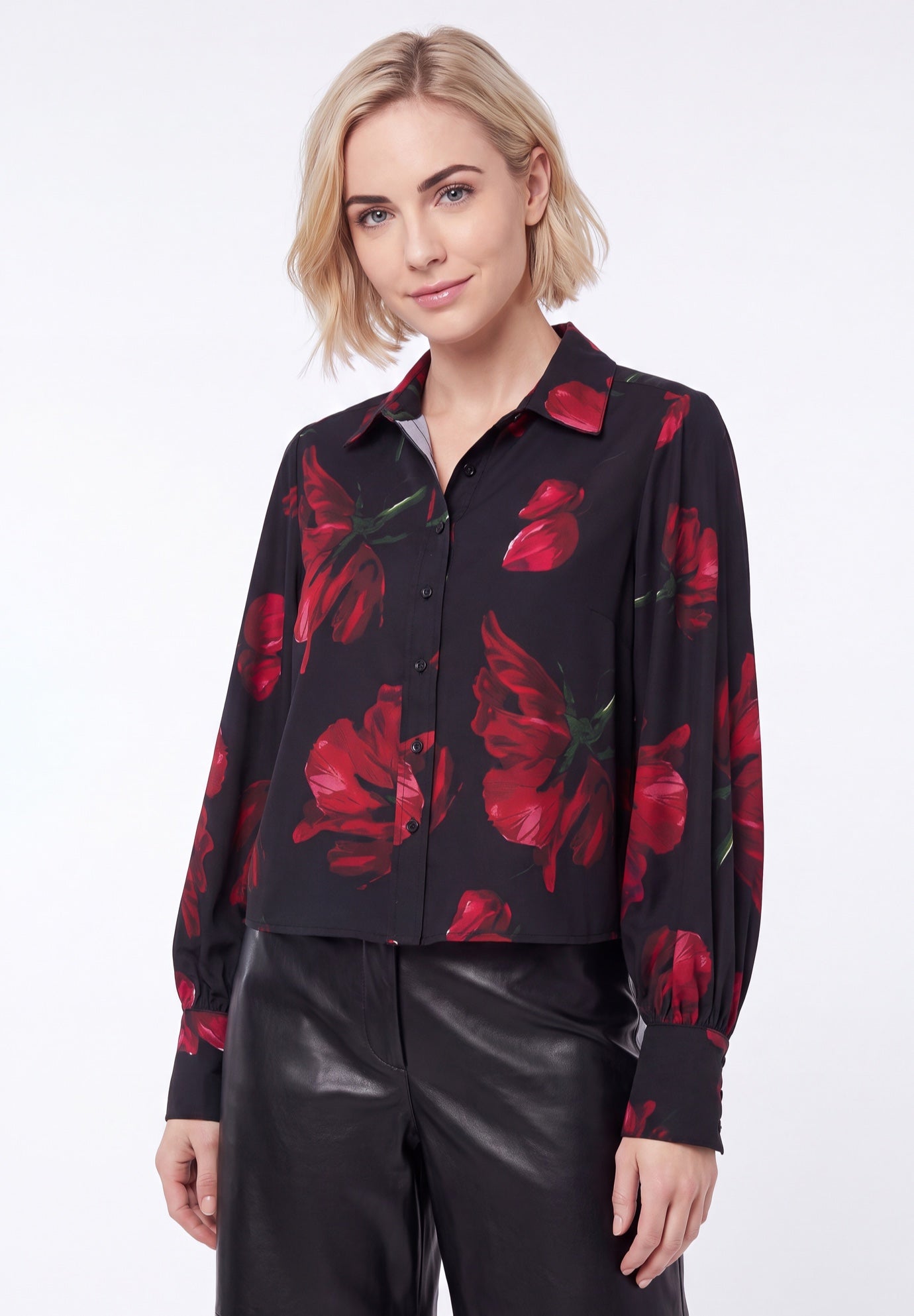 Cropped Oversized Blouson Sleeve Button Front Blouse image number 0