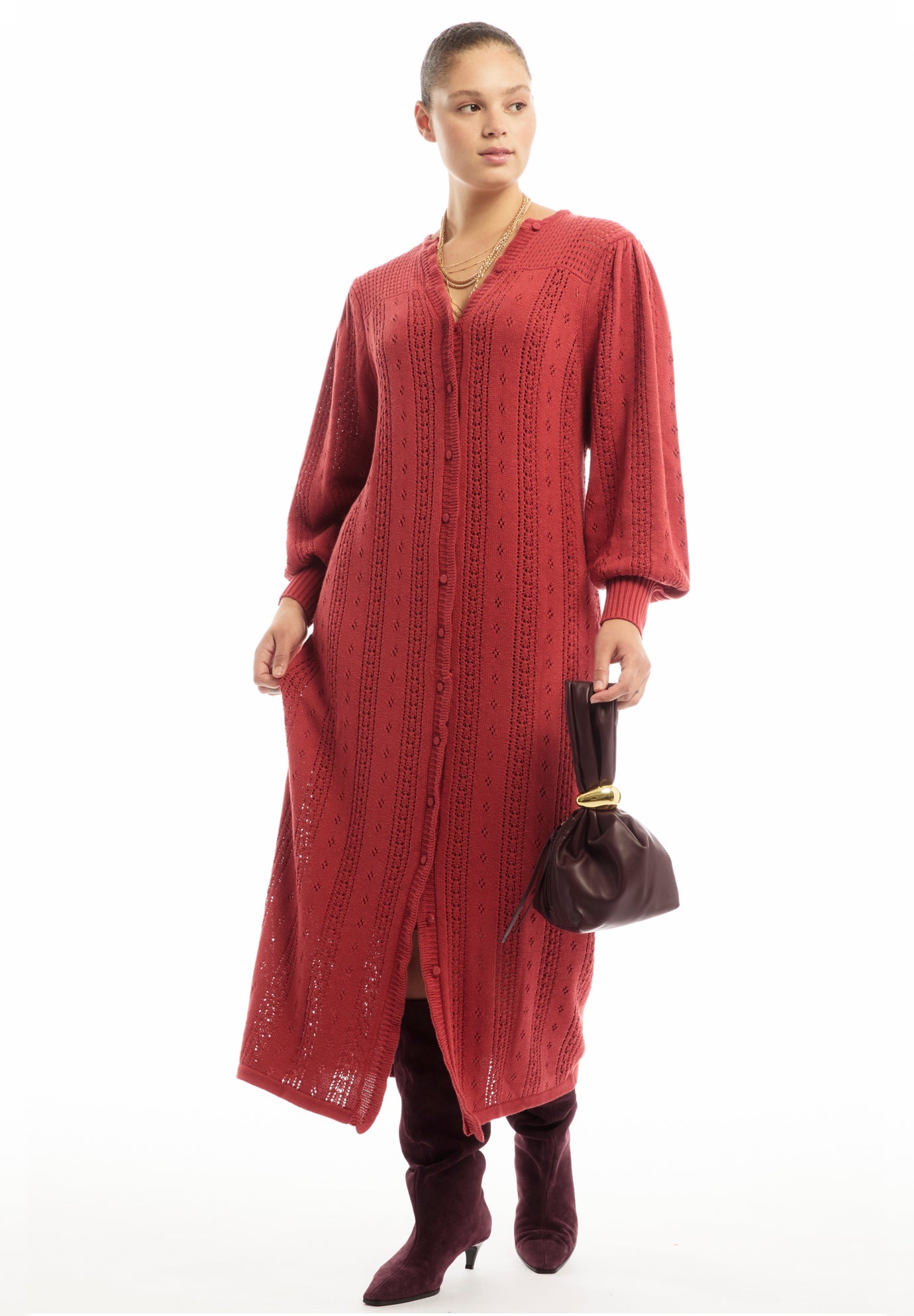 Puff-Sleeve Cardigan Sweater Midi Dress image number 0