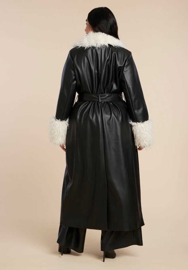Faux Leather Coat With Fur Trim image number 4