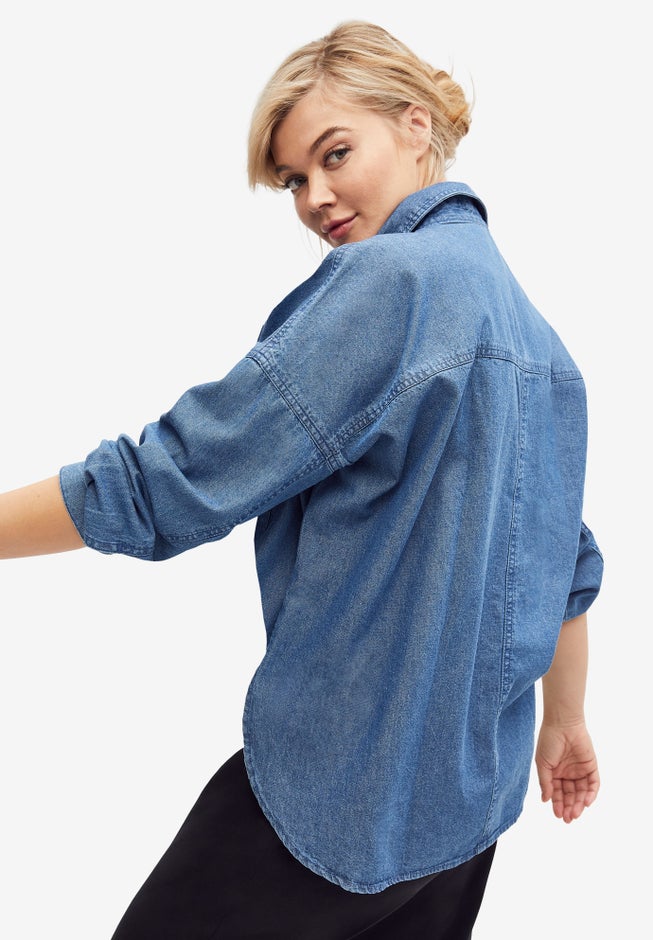 Oversized Button-Front Denim Shirt image number 1