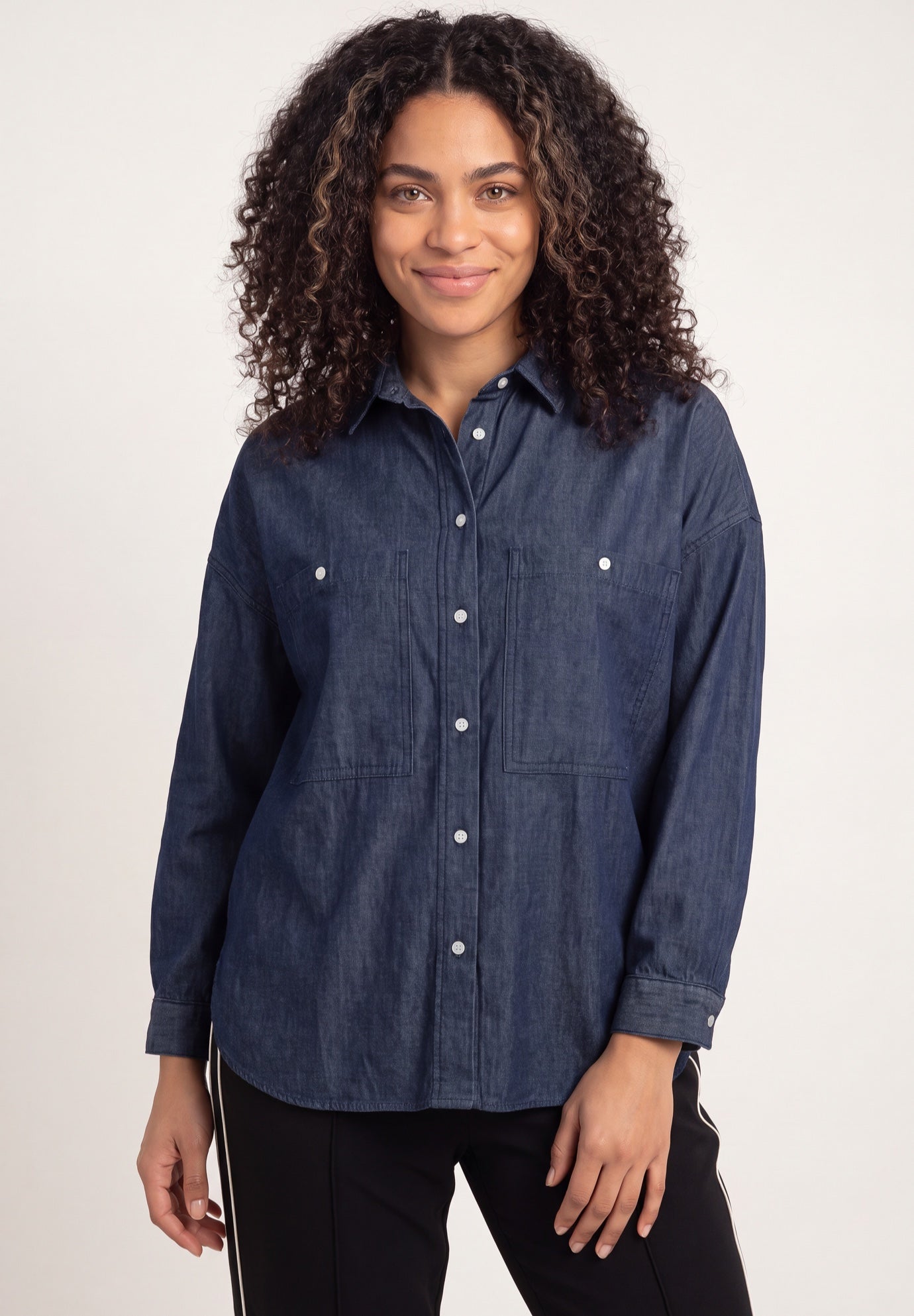 100% Cotton Denim Oversized Button-Front Collared Shirt image number 0