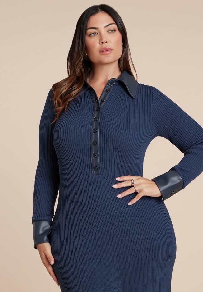  Faux Leather Detail Sweater Dress image number 2