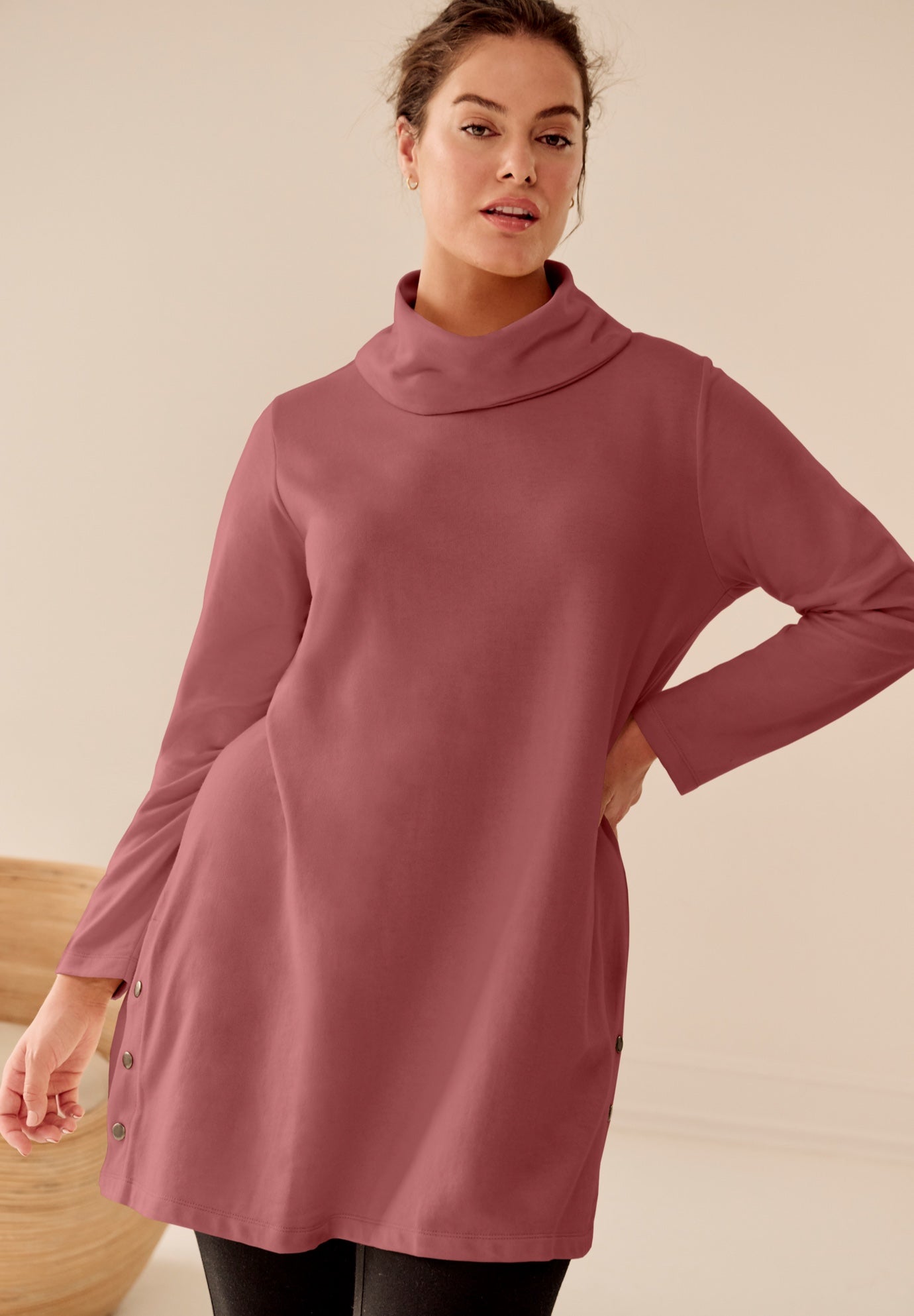 Side Snap Cowl Neck French Terry Sweatshirt Tunic image number 0