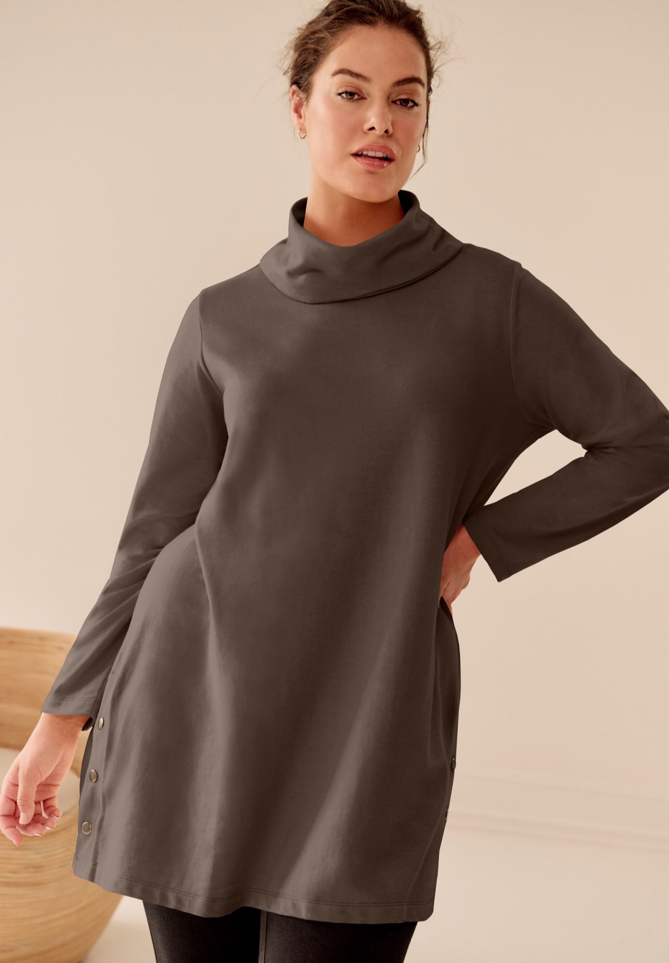 Side Snap Cowl Neck French Terry Sweatshirt Tunic image number 0