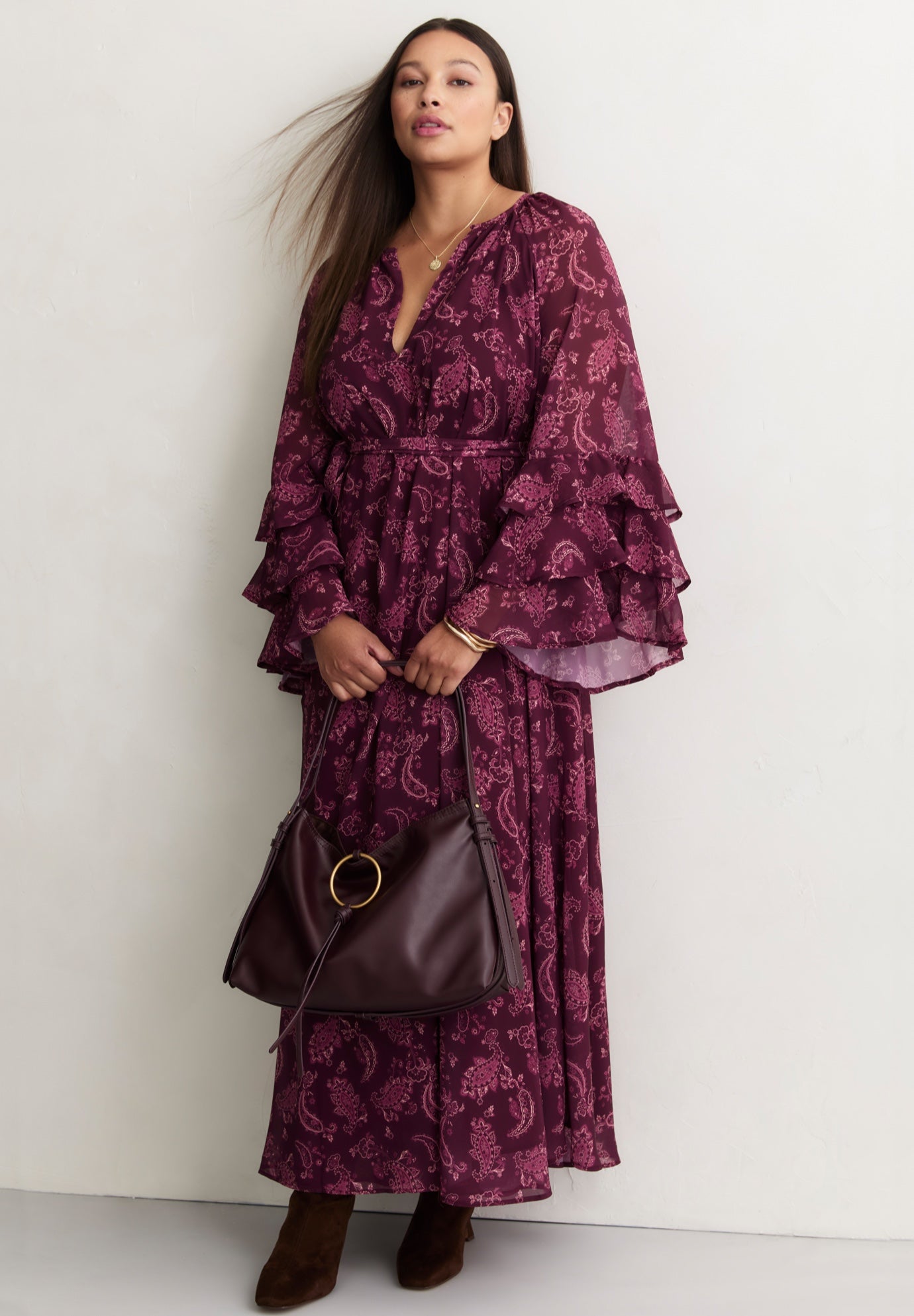 Ruffled Paisley Chiffon Maxi Dress image number 2