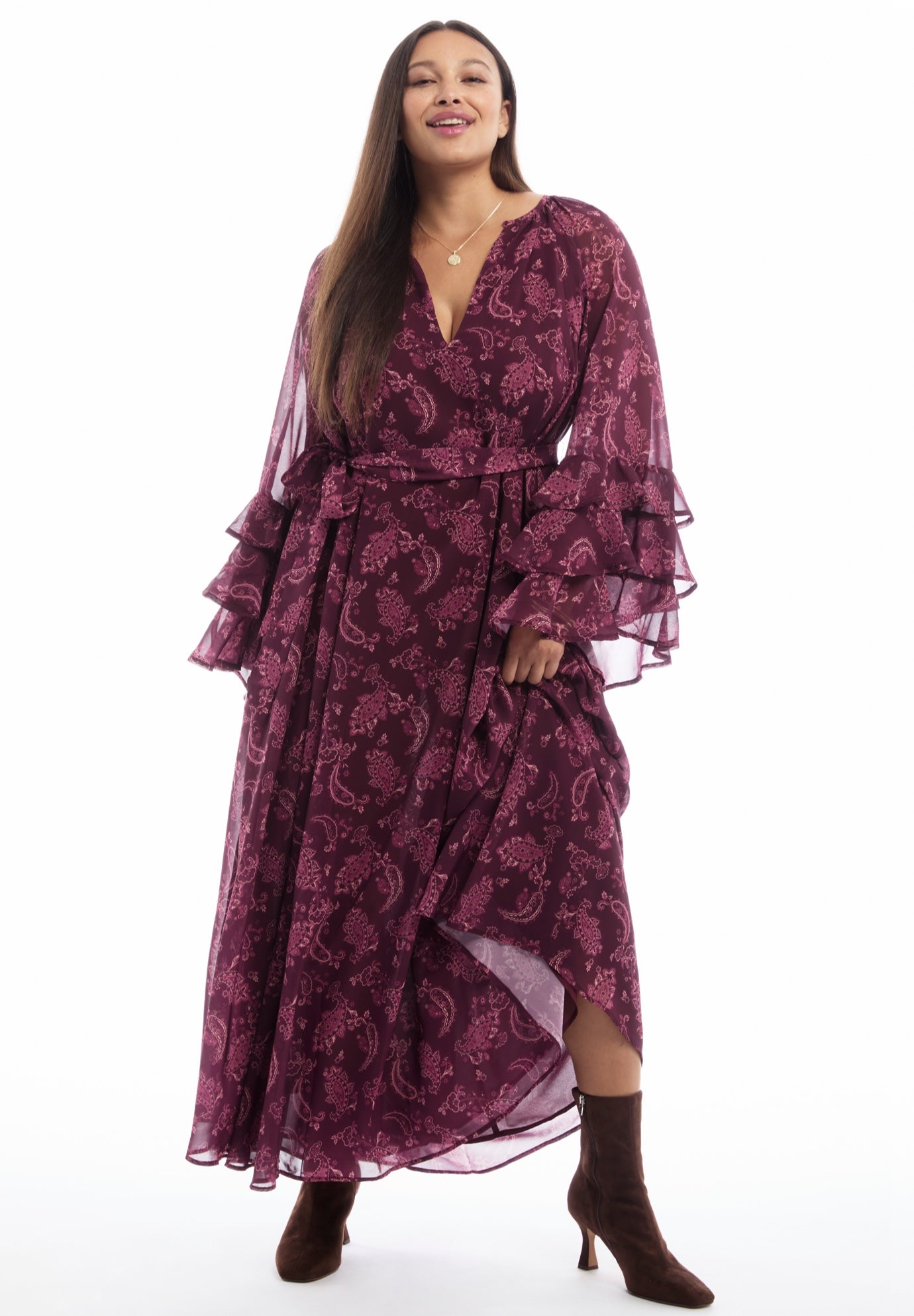 Ruffled Paisley Chiffon Maxi Dress image number 0