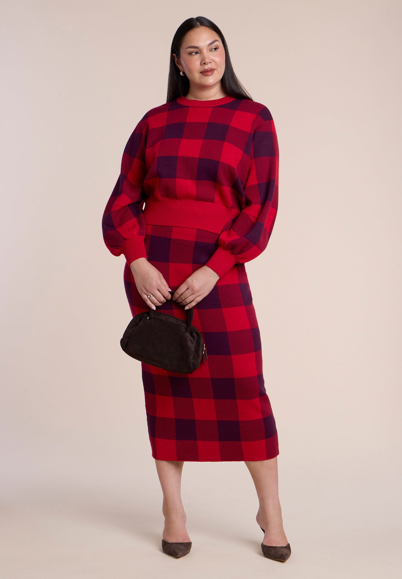 Plaid Intarsia Sweater Midi Skirt image number 2
