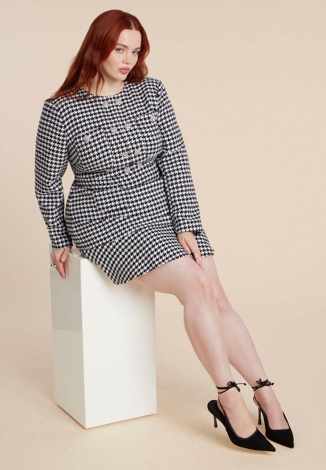 Rhinestone Button Tweed Mini Dress image number 3