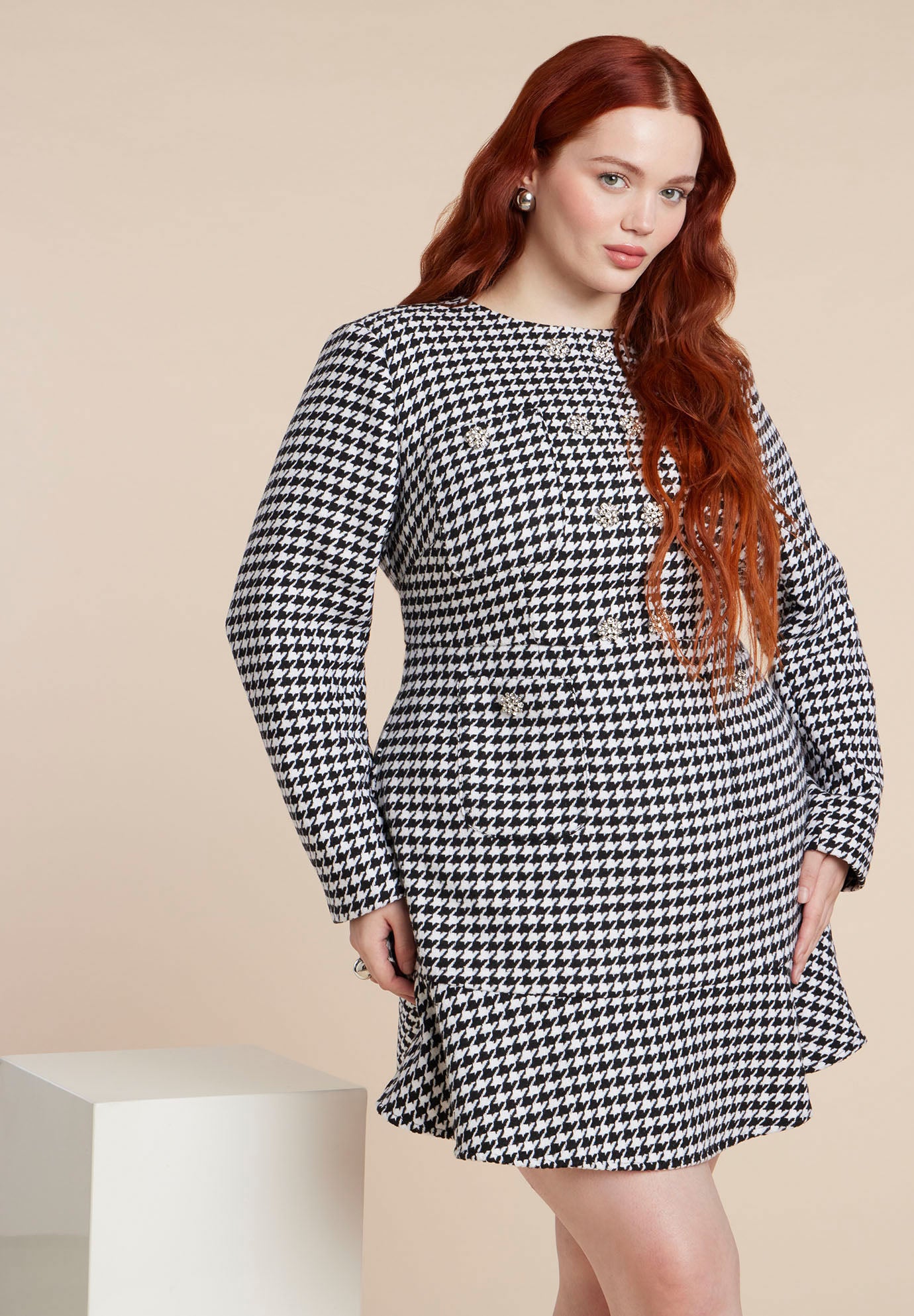 Rhinestone Button Tweed Mini Dress image number 4