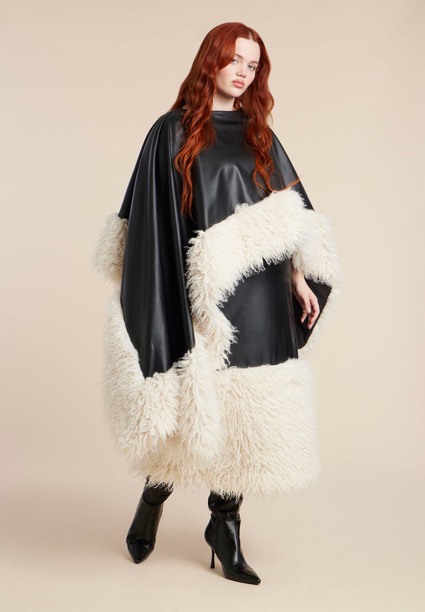 Faux Leather Cape With Faux Fur Trim image number 1