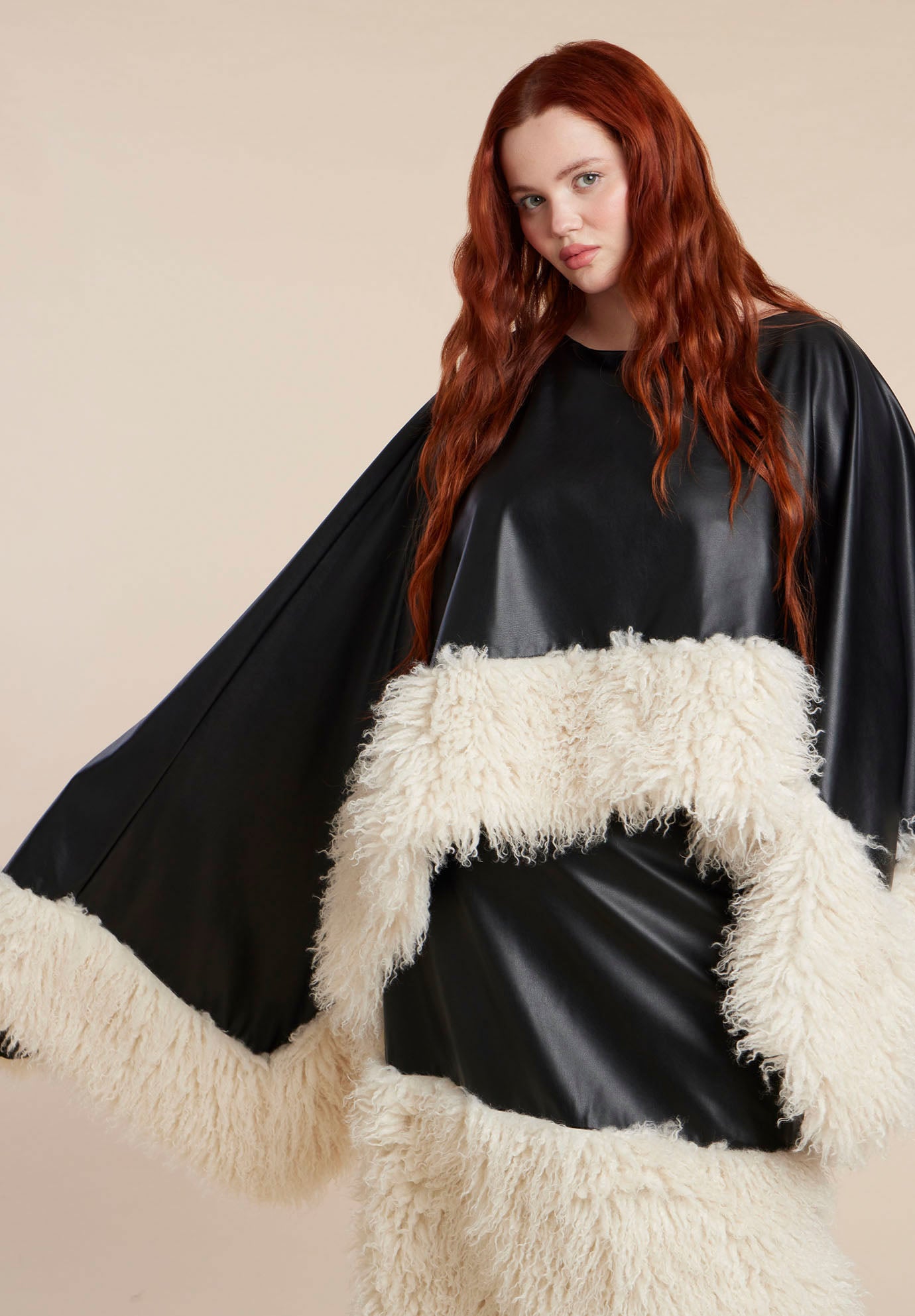 Faux Leather Cape With Faux Fur Trim image number 2