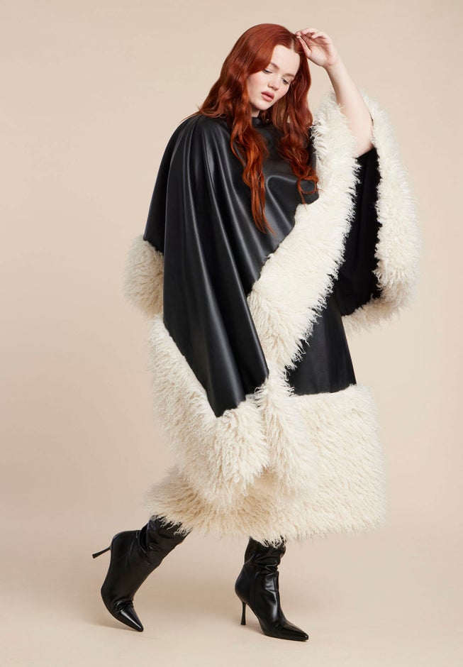 Faux Leather Cape With Faux Fur Trim image number 4