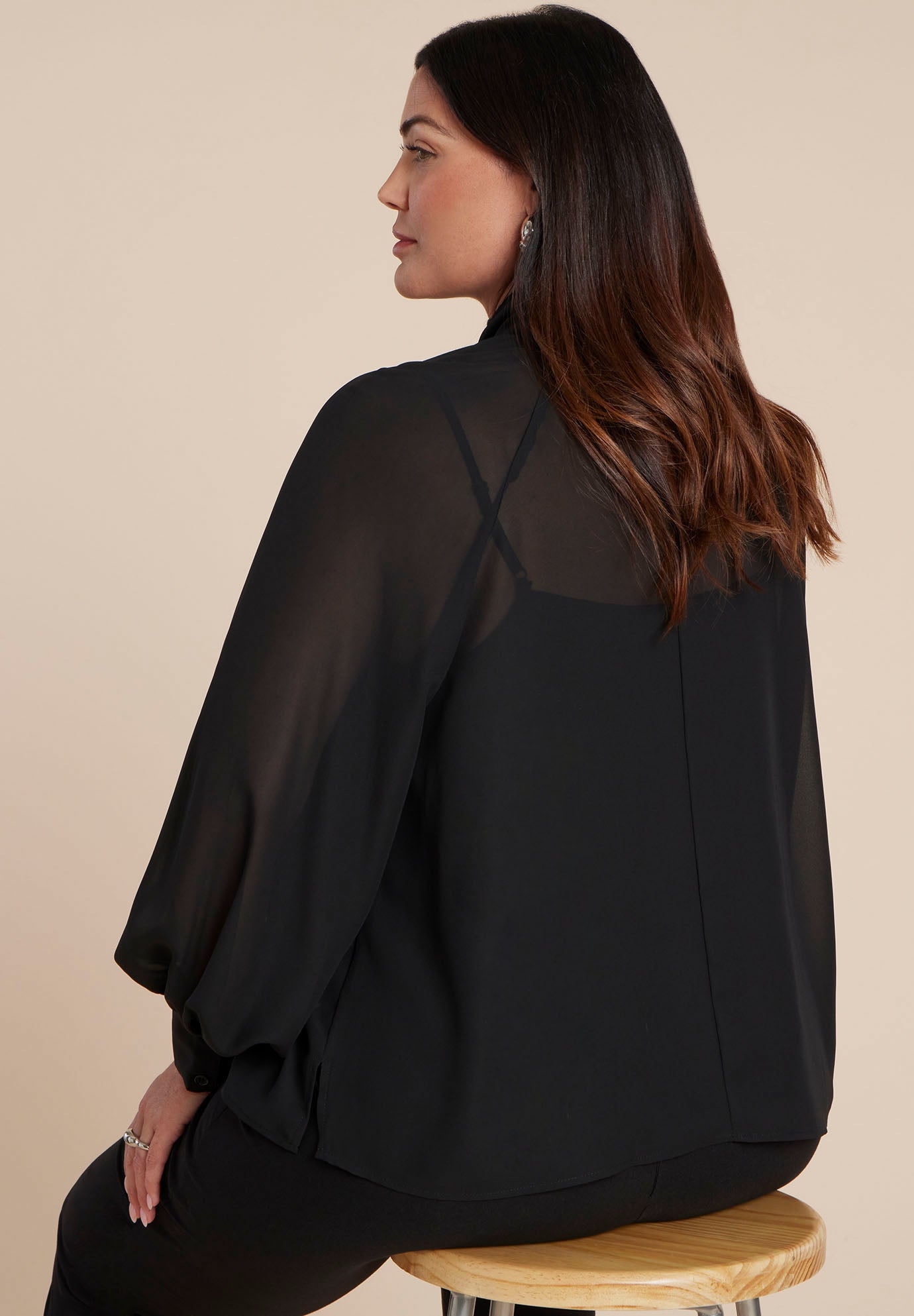 Sheer Neck Tie Blouse image number 1