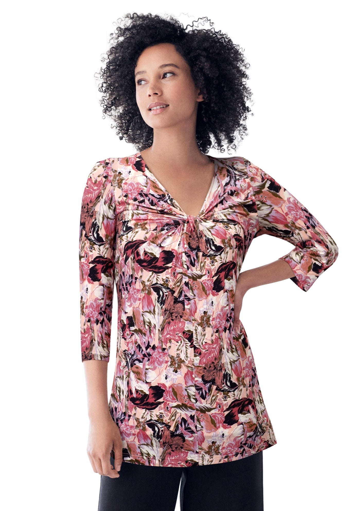 Stretch Knit V-neck 3/4 Sleeve Knot Front Tunic image number 0