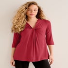Stretch Knit V-neck 3/4 Sleeve Knot Front Tunic image number null