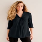Stretch Knit V-neck 3/4 Sleeve Knot Front Tunic image number null