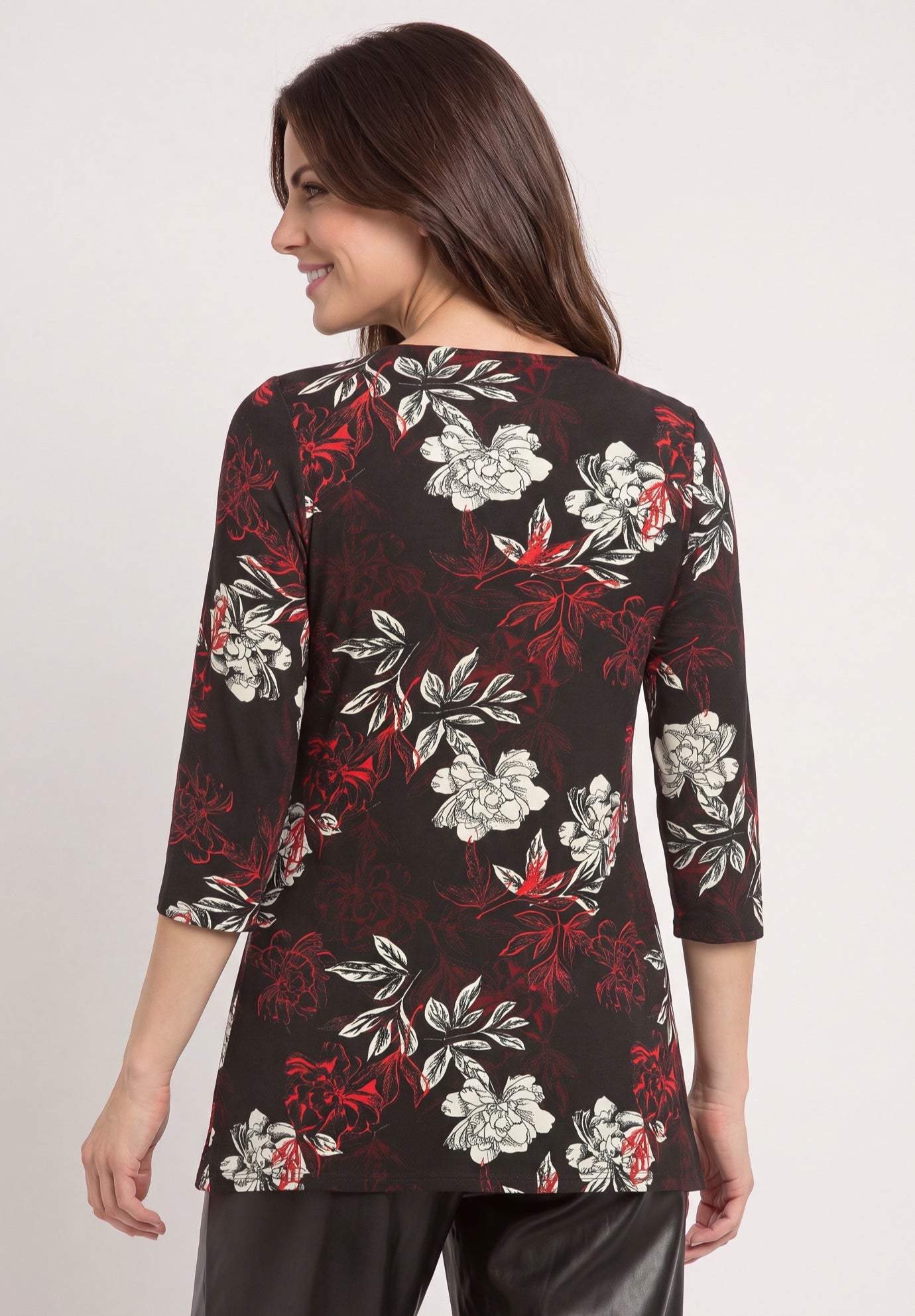 Stretch Jersey Knit V-Neck Three-Quarter Sleeve Knot Front Tunic image number 1