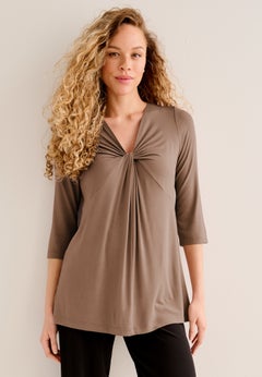 Stretch Jersey Knit V-Neck Three-Quarter Sleeve Knot Front Tunic