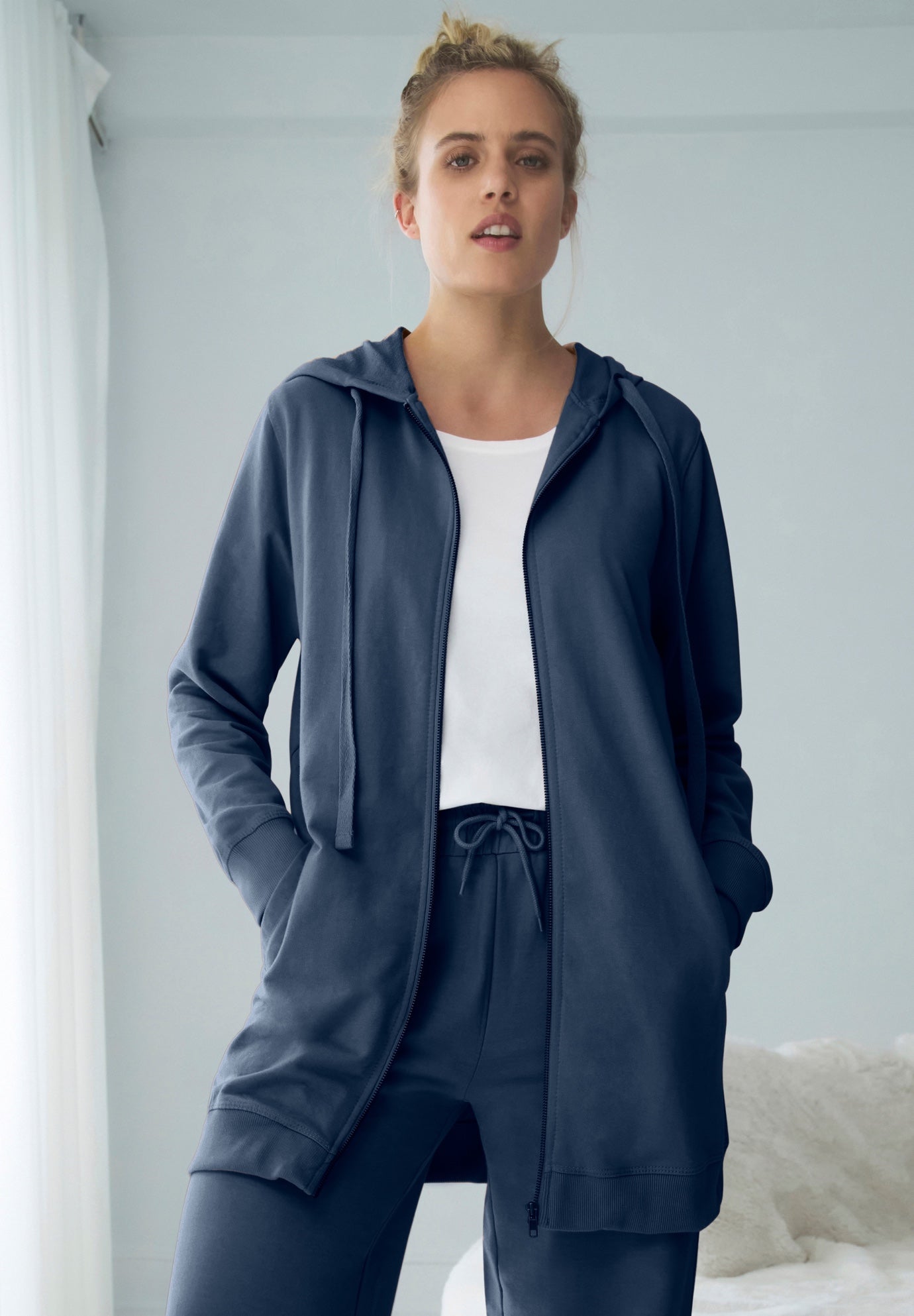 French Terry Long Sleeve Zip-Front Tunic Hoodie image number 0