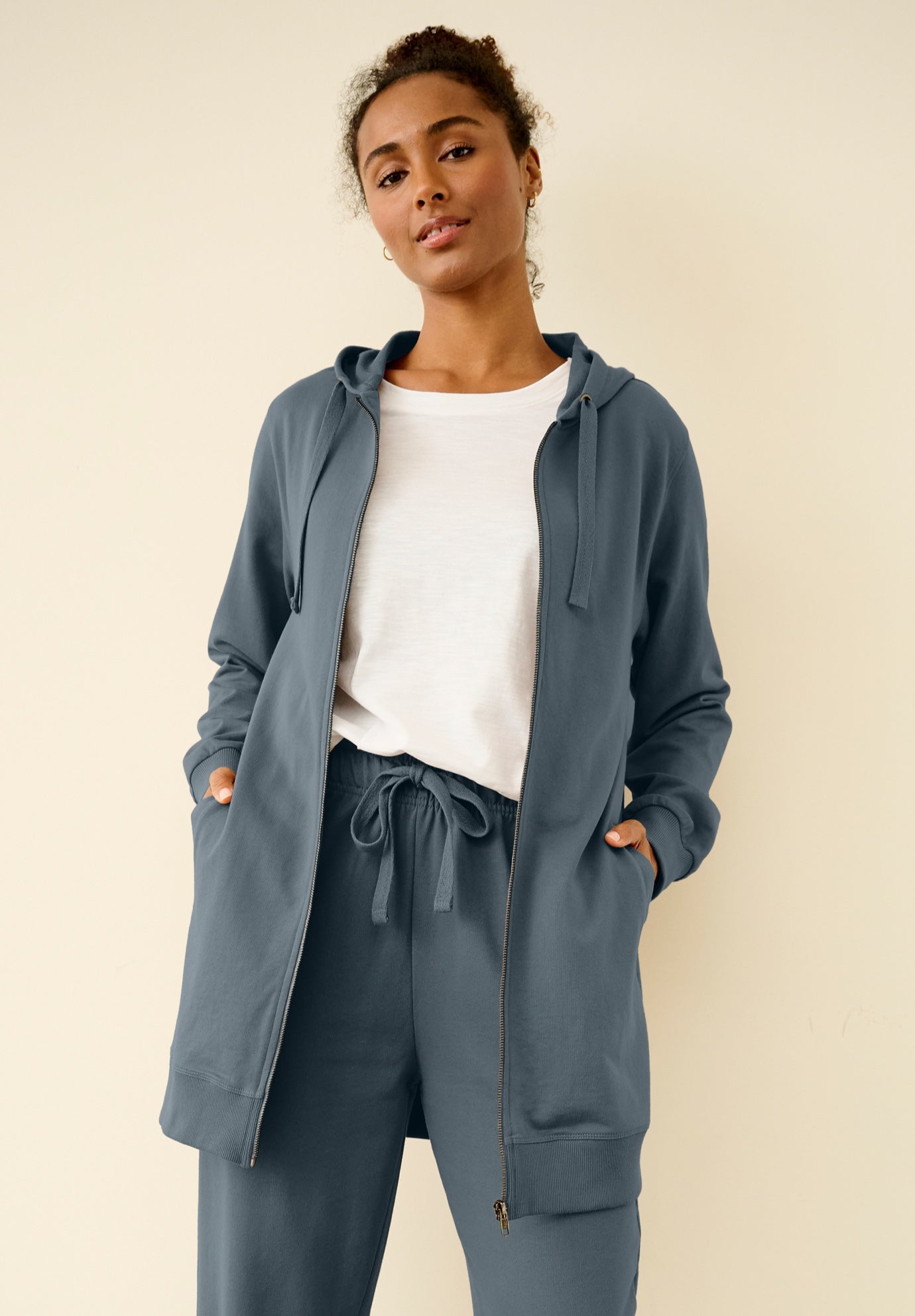 French Terry Long Sleeve Zip-Front Tunic Hoodie image number 0