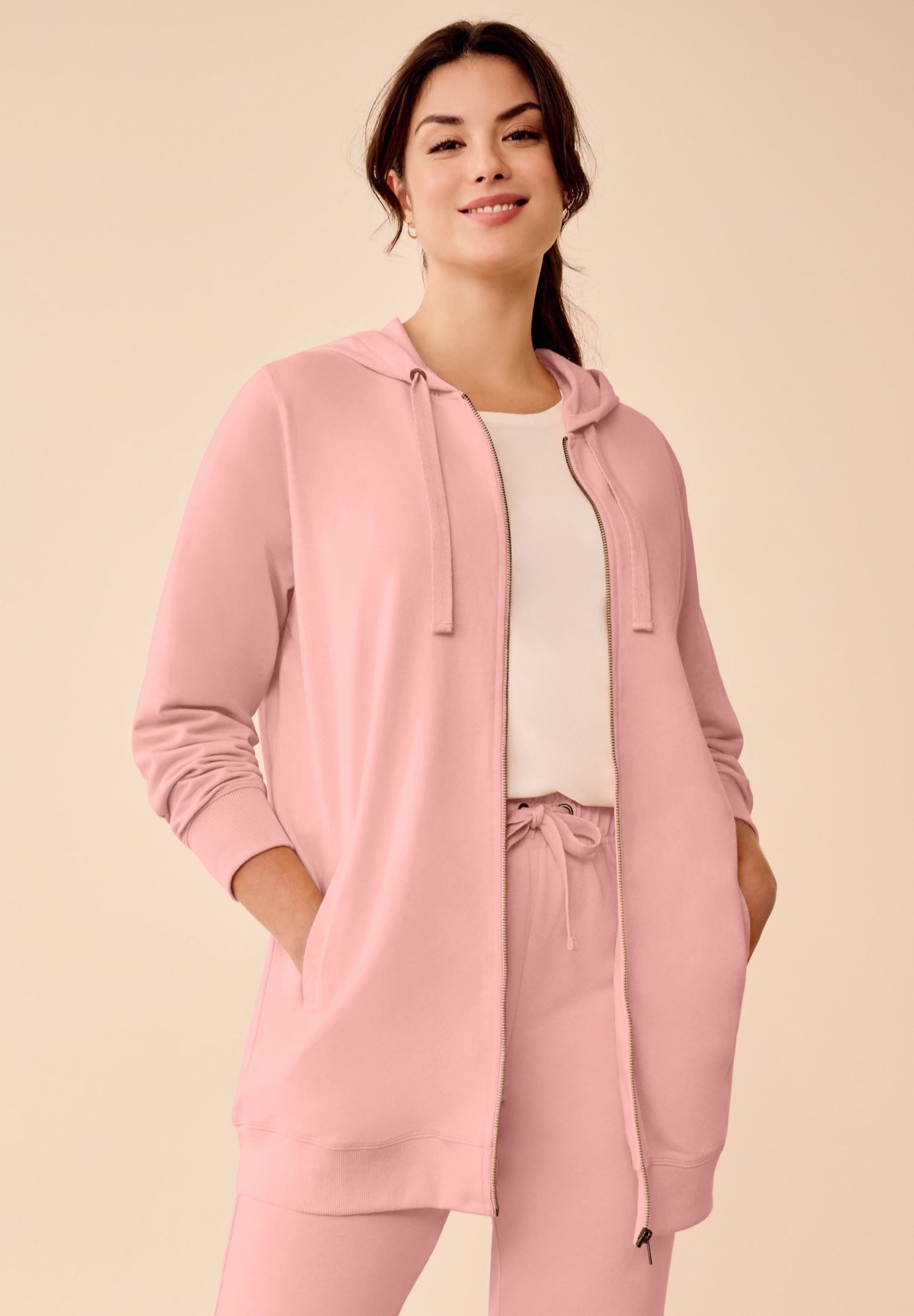 French Terry Long Sleeve Zip-Front Tunic Hoodie image number 0