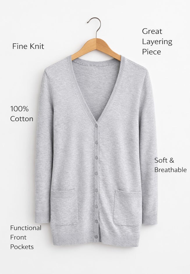 V-Neck Button-Front 100% Cotton Boyfriend Cardigan image number 2