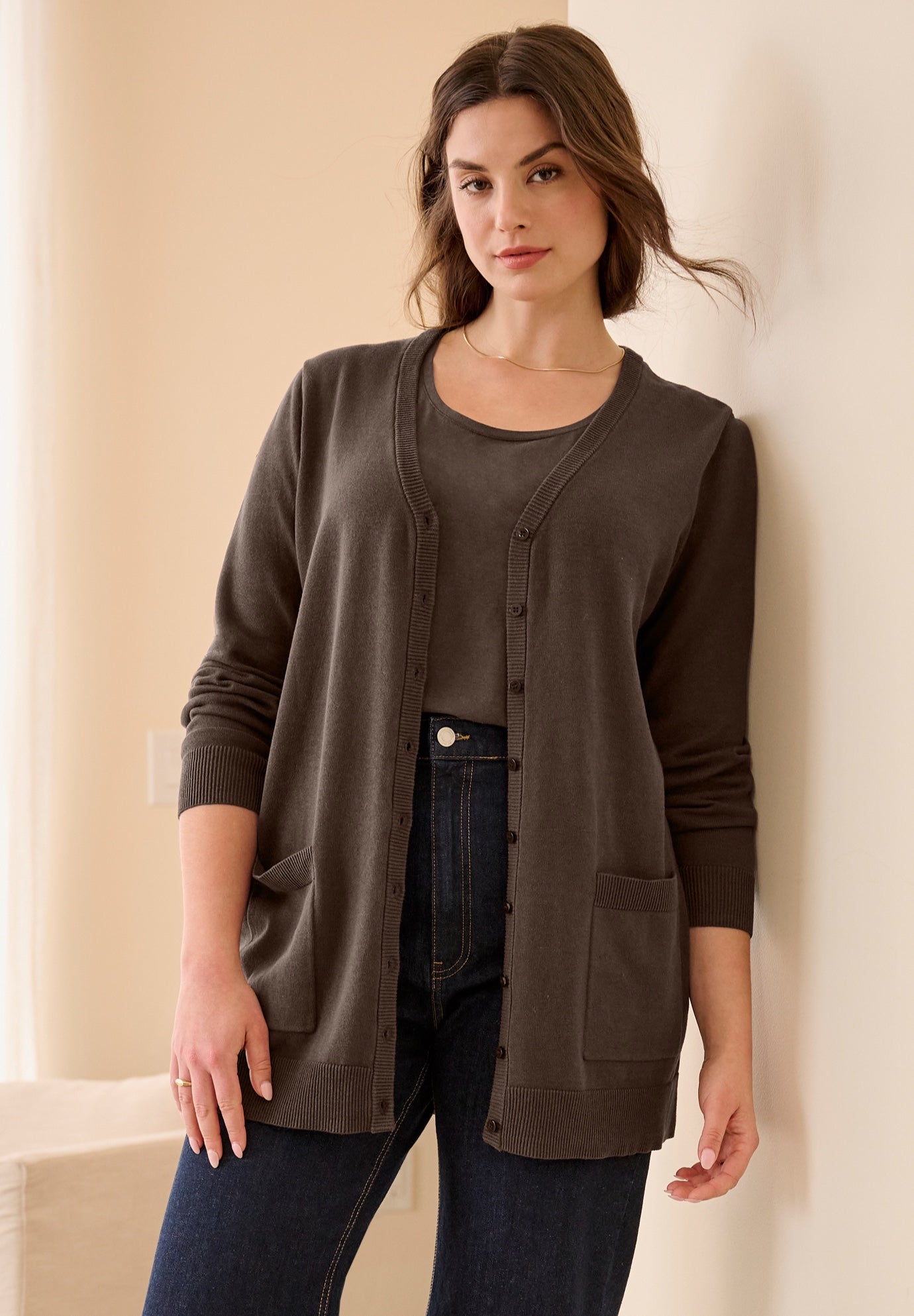 V-Neck Button-Front 100% Cotton Boyfriend Cardigan image number 0