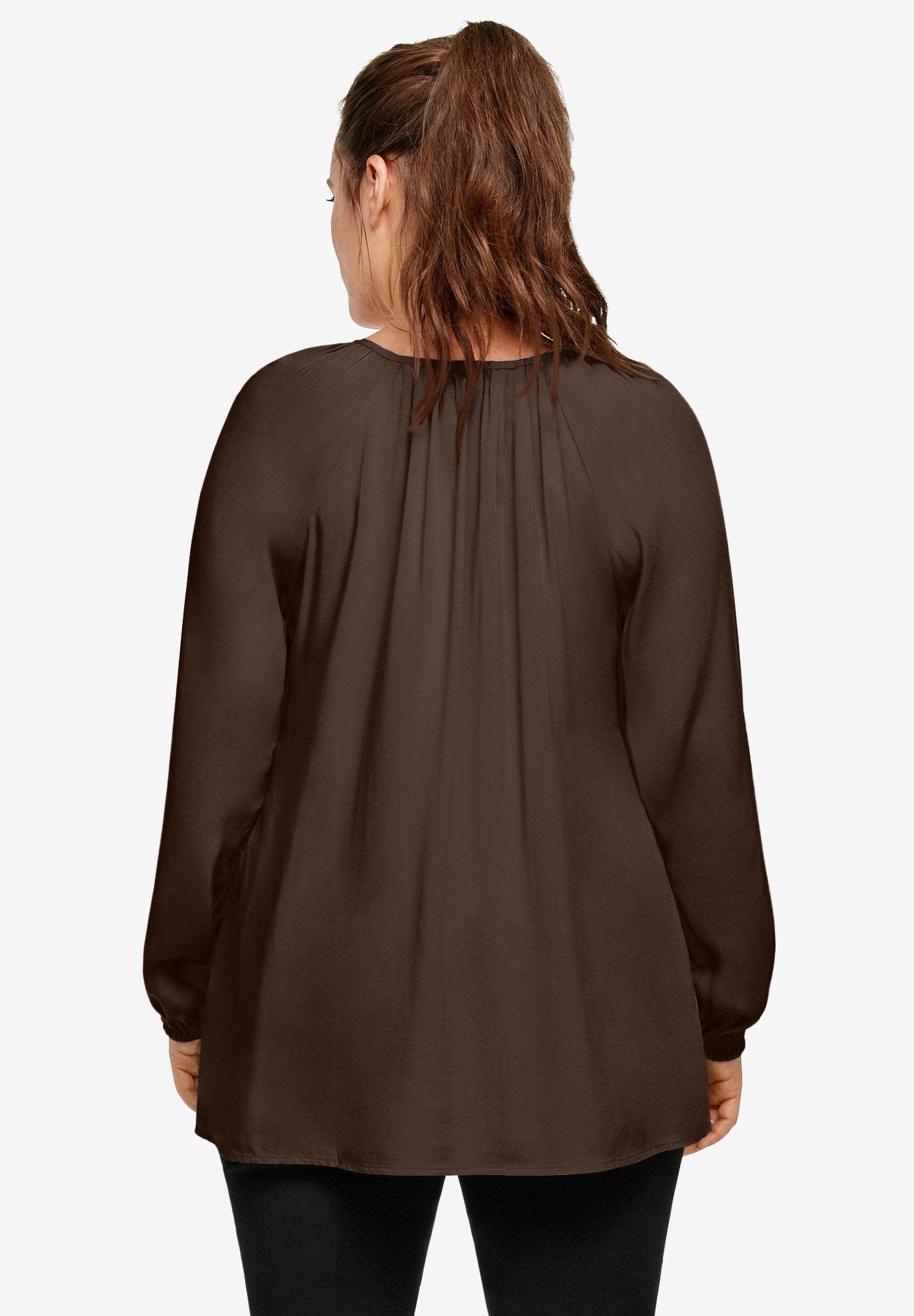 A-Line Long Sleeve Peasant Tunic with Tie-Neck Keyhole Neckline image number 1