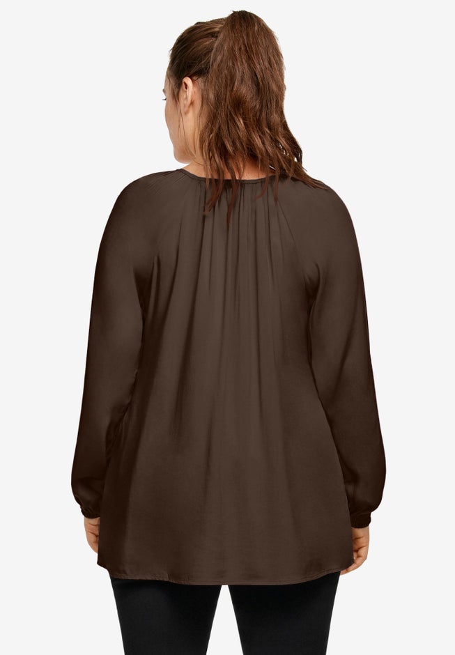 A-Line Long Sleeve Peasant Tunic with Tie-Neck Keyhole Neckline image number 1