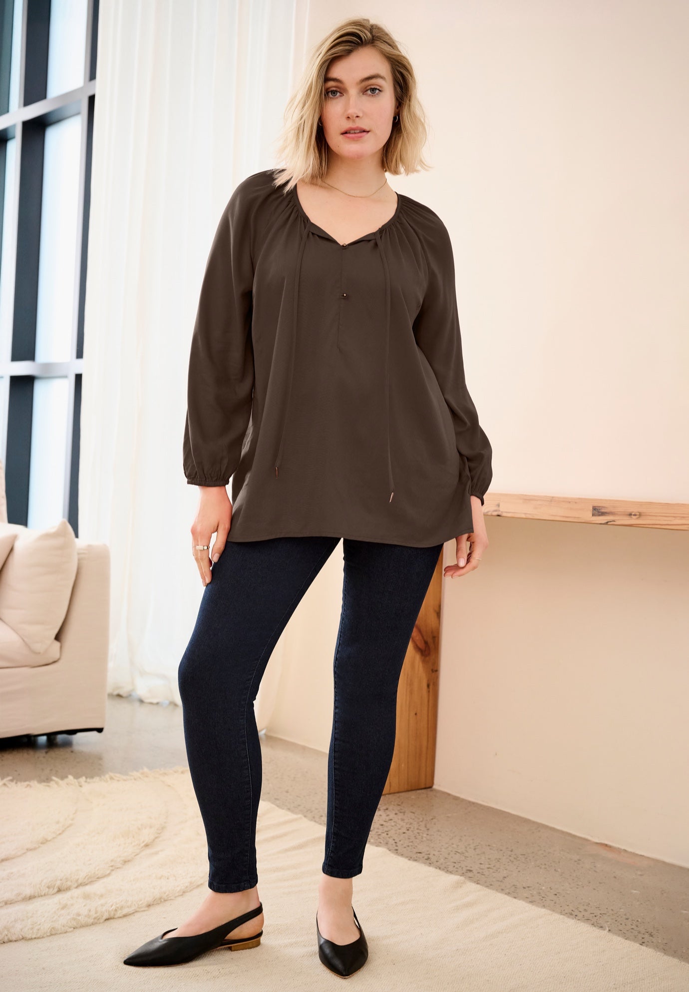 A-Line Long Sleeve Peasant Tunic with Tie-Neck Keyhole Neckline image number 0