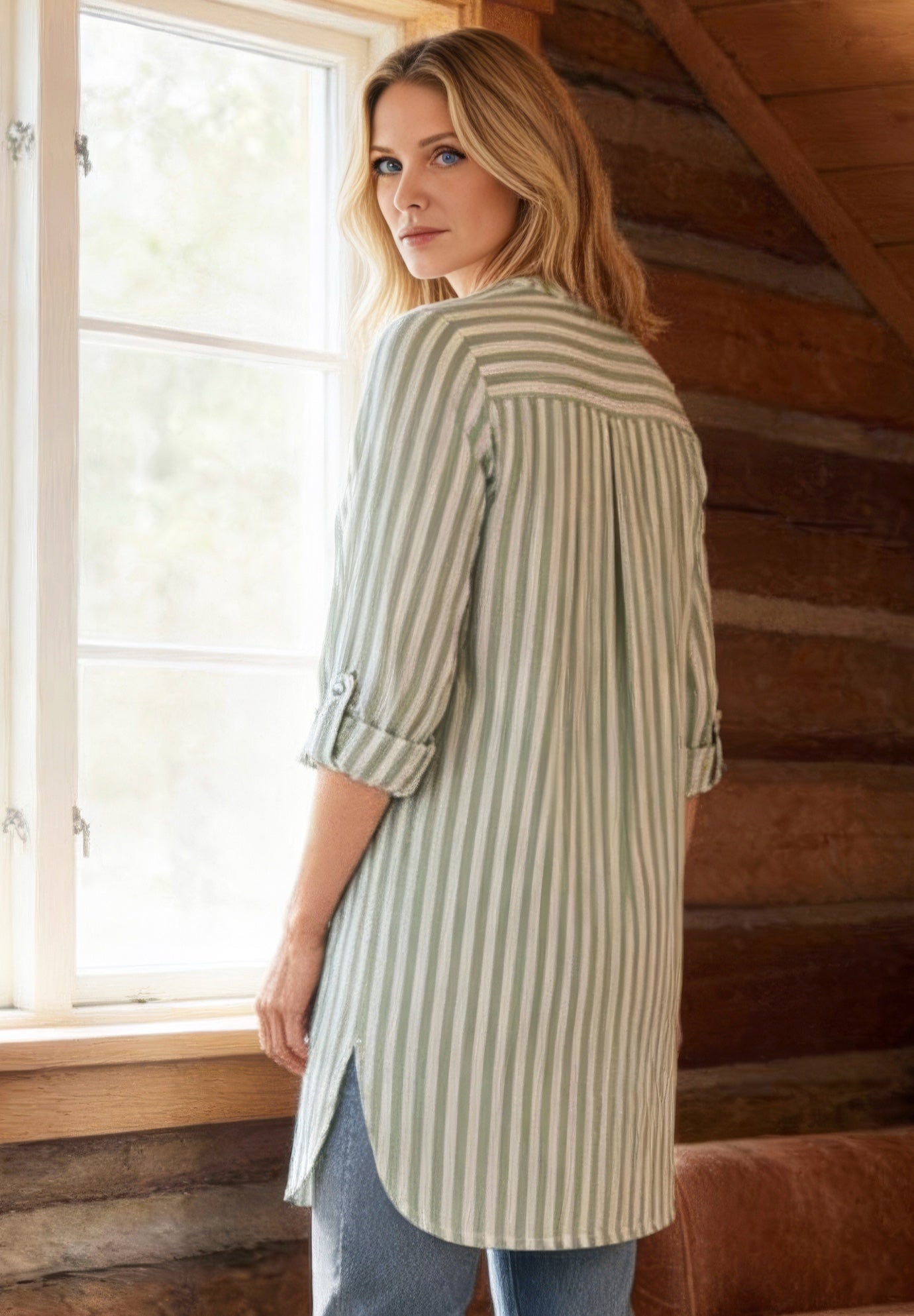 Three-Quarter Sleeve Roll Tab Relaxed Fit 100% Cotton Henley Tunic image number 1