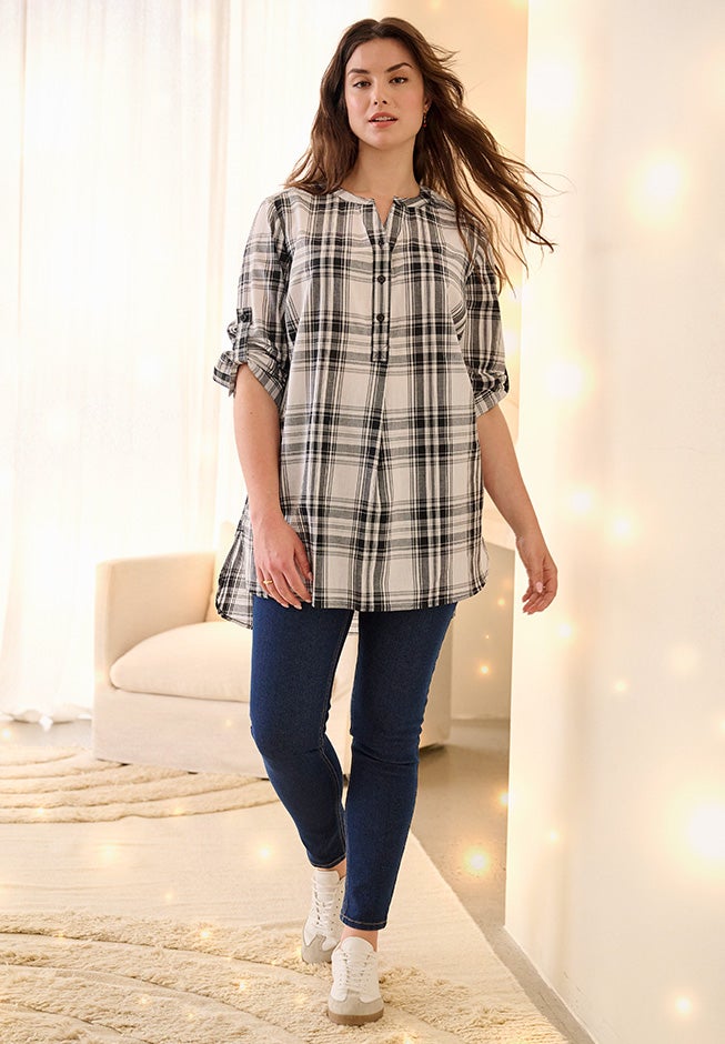 Three-Quarter Sleeve Roll Tab Relaxed Fit 100% Cotton Henley Tunic image number 2