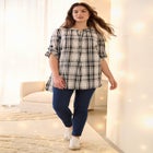 Three-Quarter Sleeve Roll Tab Relaxed Fit 100% Cotton Henley Tunic image number null