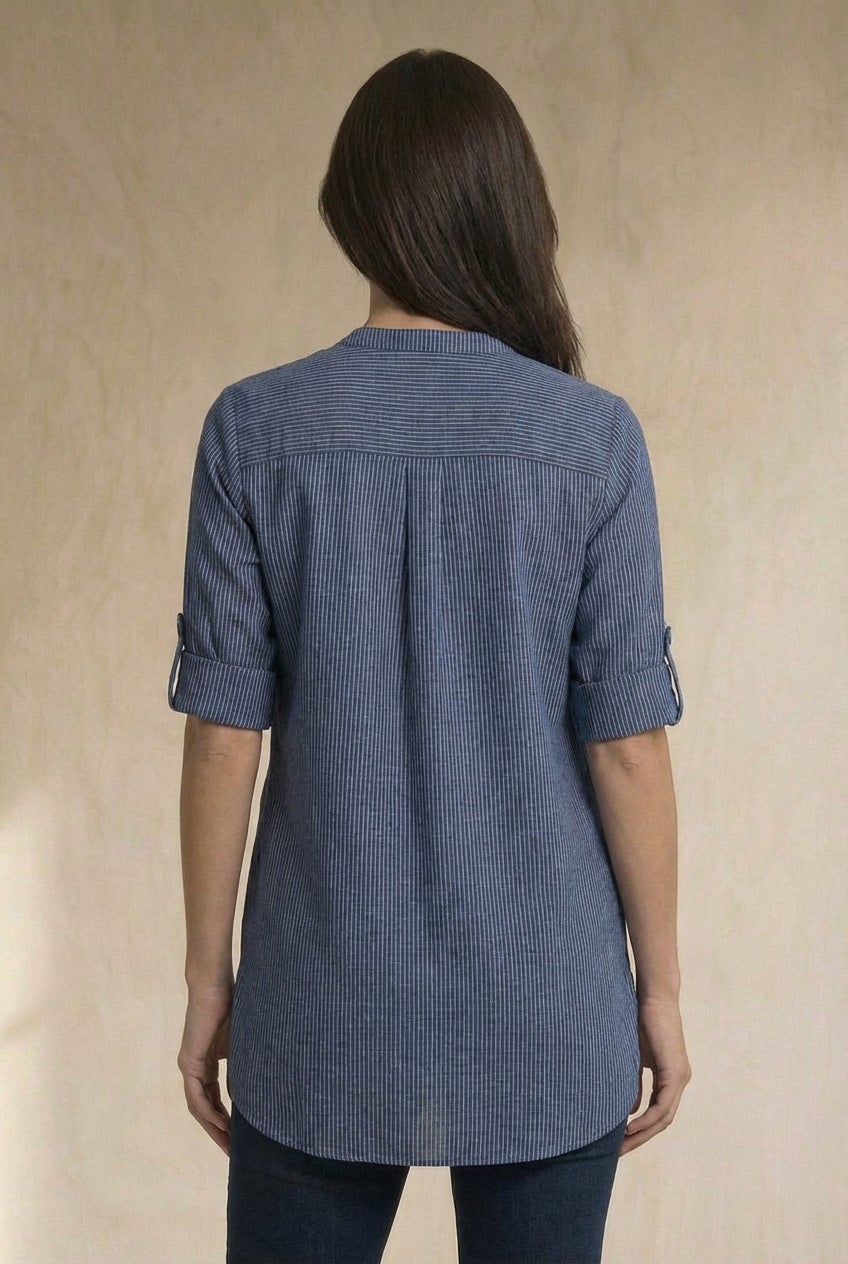 Three-Quarter Sleeve Roll Tab Relaxed Fit 100% Cotton Henley Tunic image number 1