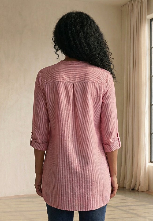 Three-Quarter Sleeve Roll Tab Relaxed Fit 100% Cotton Henley Tunic image number 1