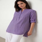 Three-Quarter Sleeve Roll Tab Relaxed Fit 100% Cotton Henley Tunic image number null