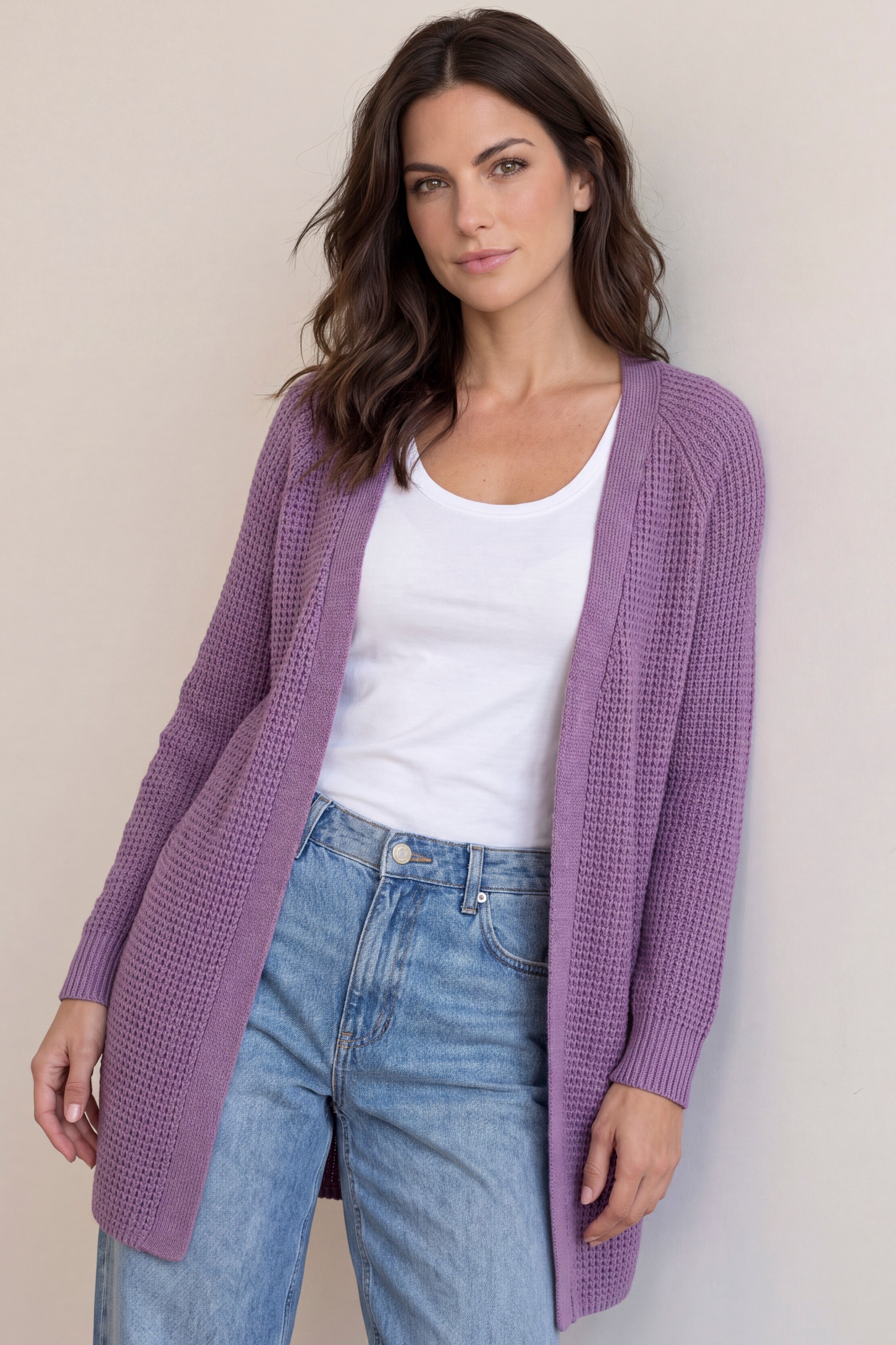 Open Front Long Ribbed Sleeve Waffle Cardigan image number 0