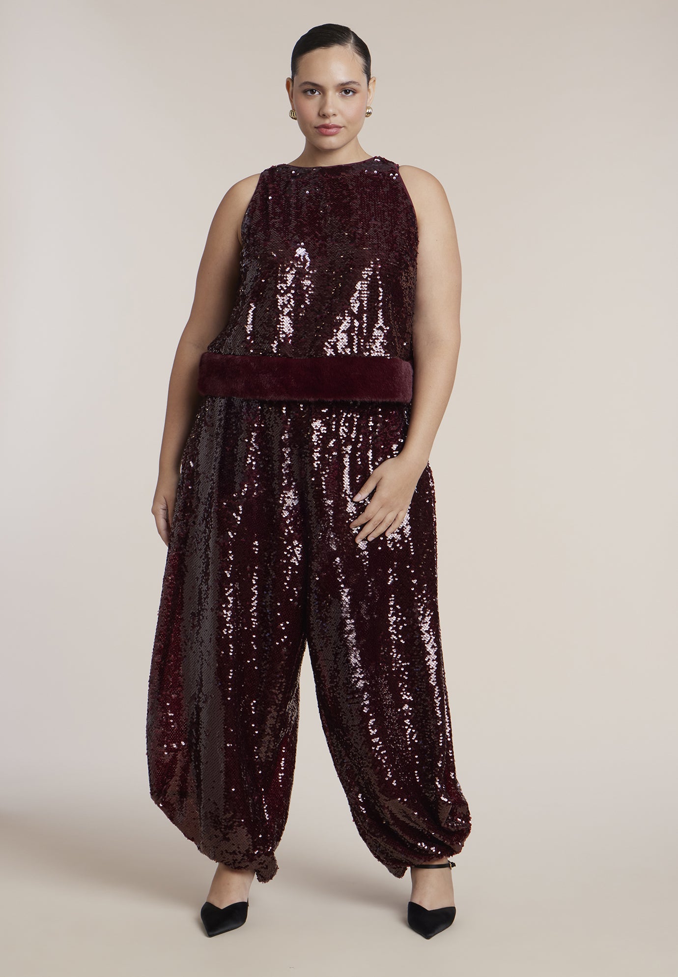 Faux Fur-Trim Sequin Top image number 2