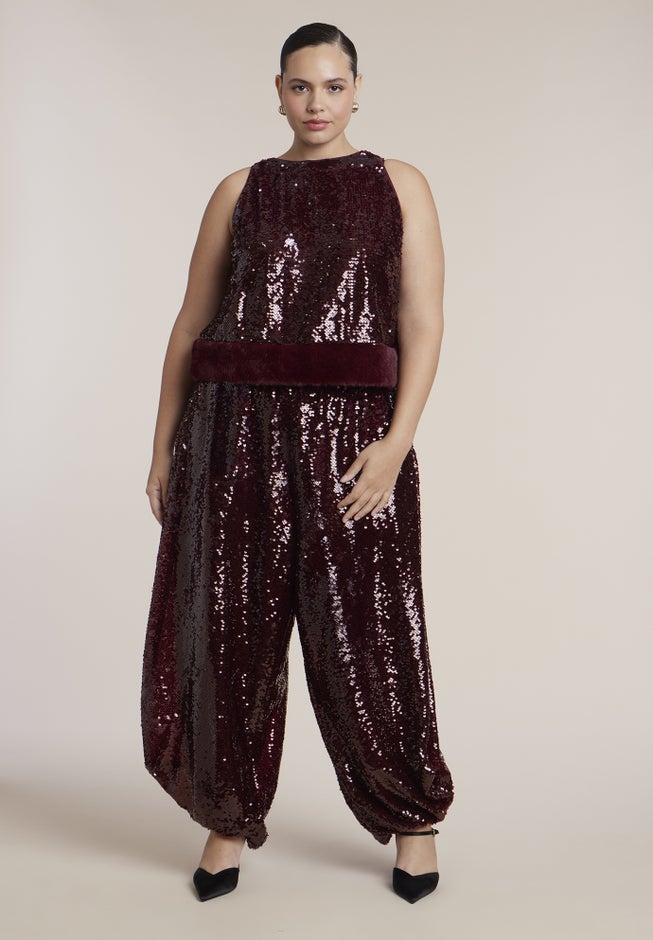 Faux Fur-Trim Sequin Top image number 2