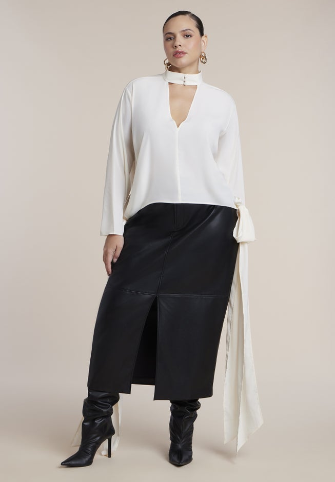Mock Neck Blouse With Draped Ties image number 2