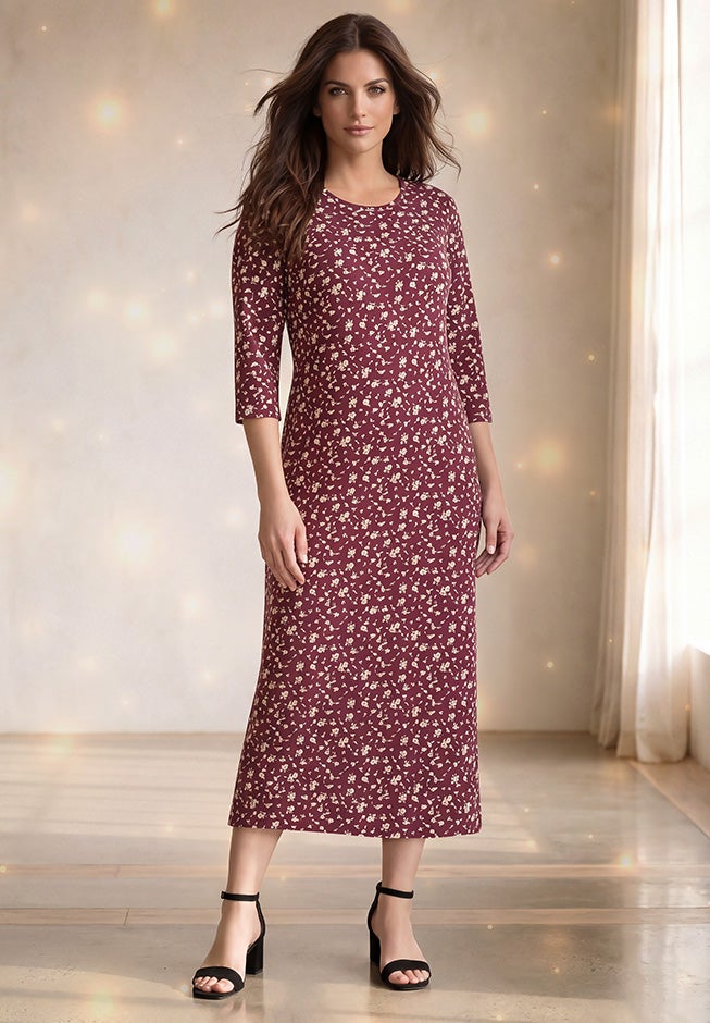 Cotton Spandex Jersey Three-Quarter Sleeve Scoopneck Maxi Dress image number 4