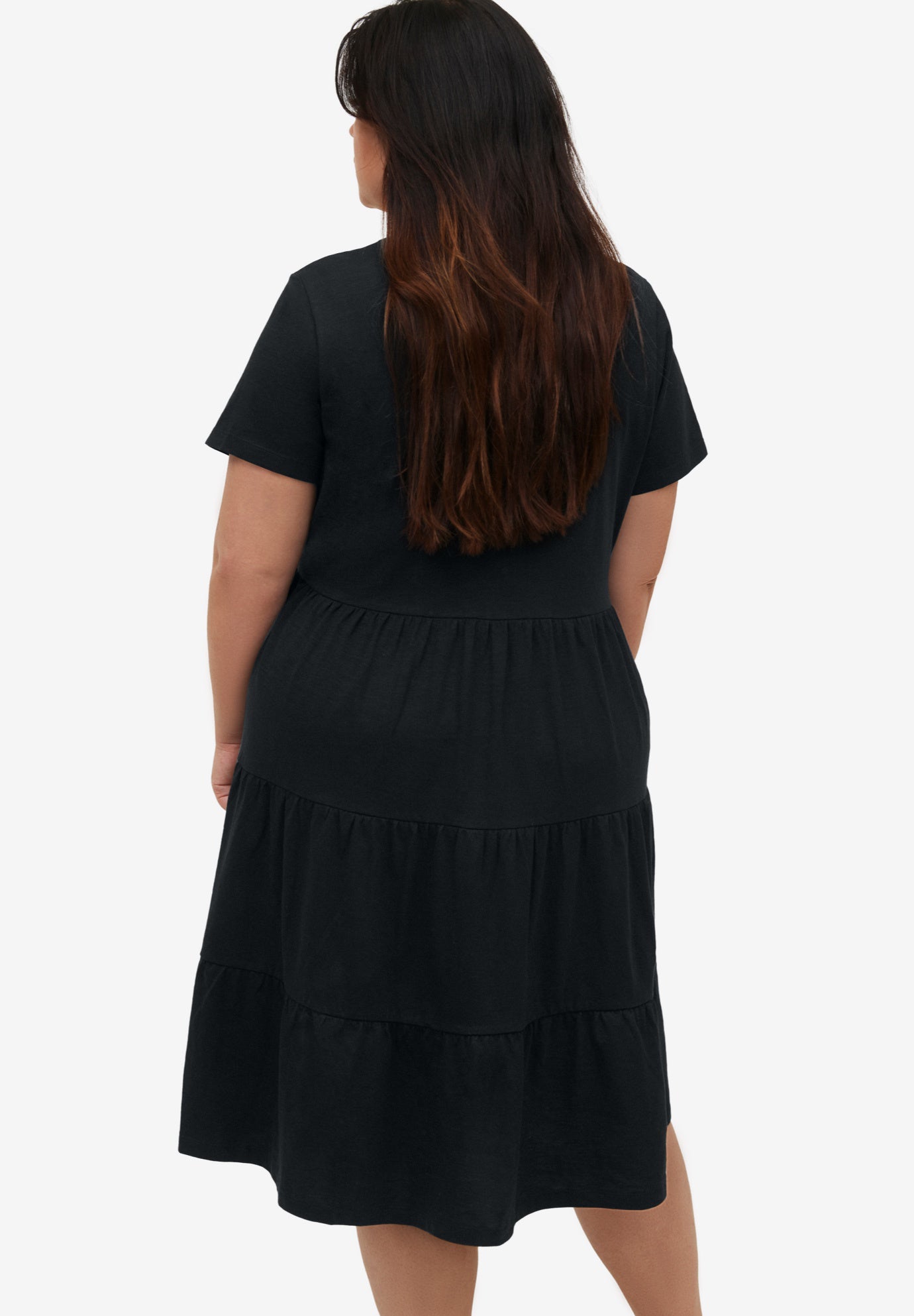Cotton Spandex Scoop Neck Short Sleeve Tiered A Line Dress image number 1