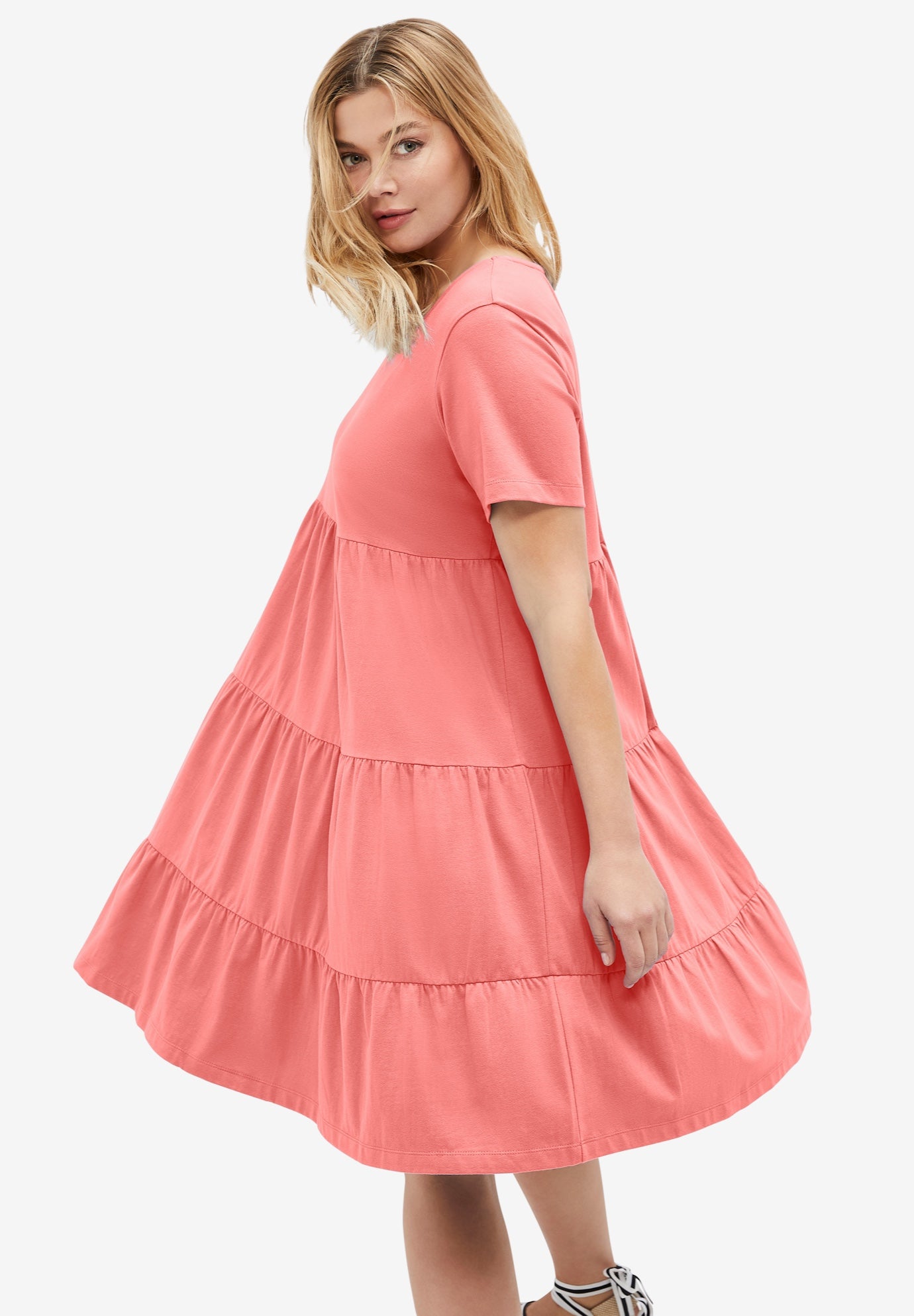 Cotton Spandex Scoop Neck Short Sleeve Tiered A Line Dress image number 1