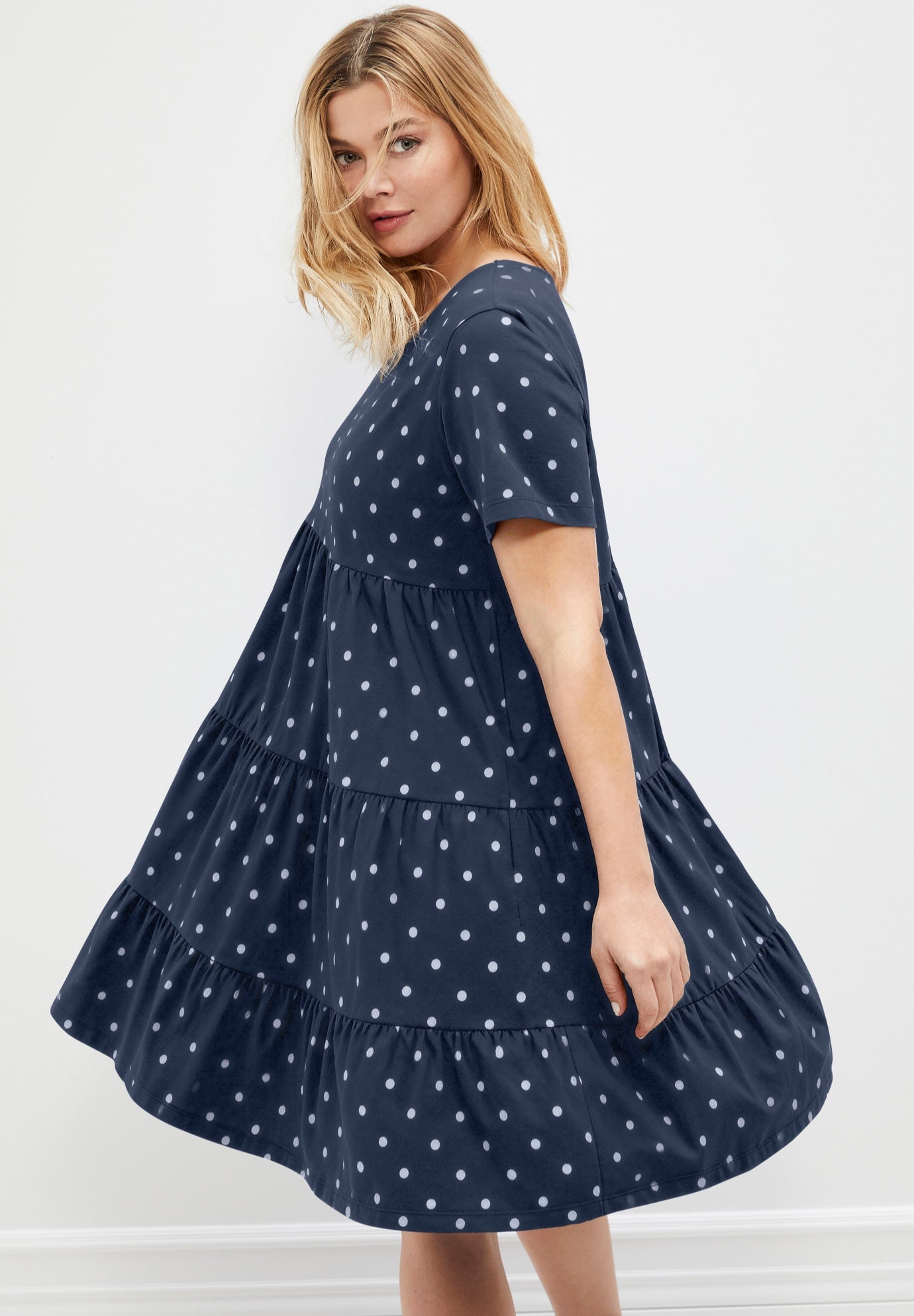 Cotton Spandex V-Neck Short Sleeve Tiered A-Line Dress image number 1